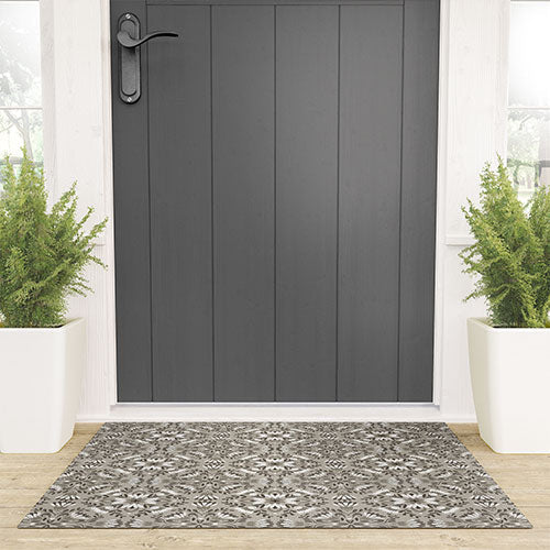 Pimlada Phuapradit Floral Tiles Gray Welcome Mat