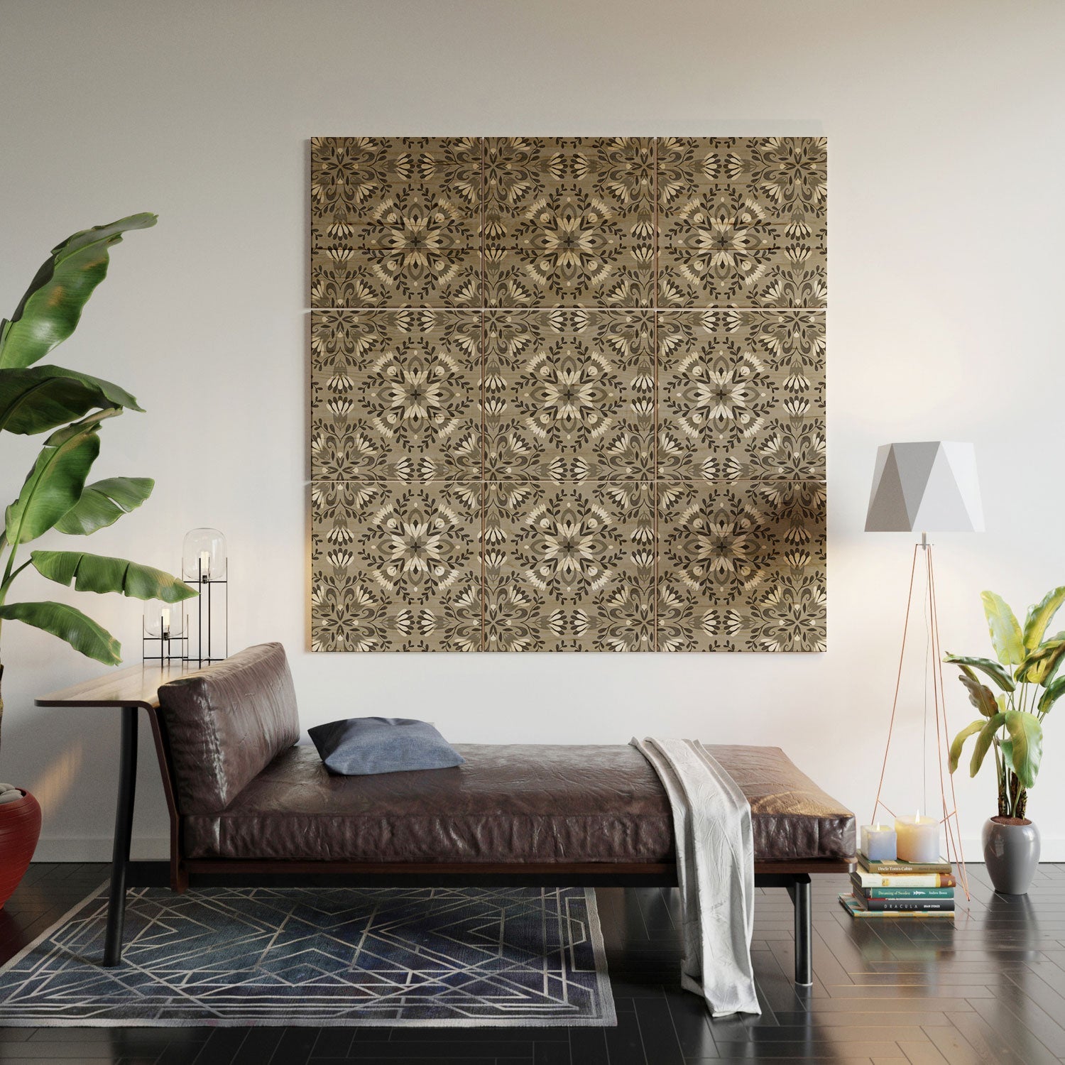 Pimlada Phuapradit Floral Tiles Gray Wood Wall Mural