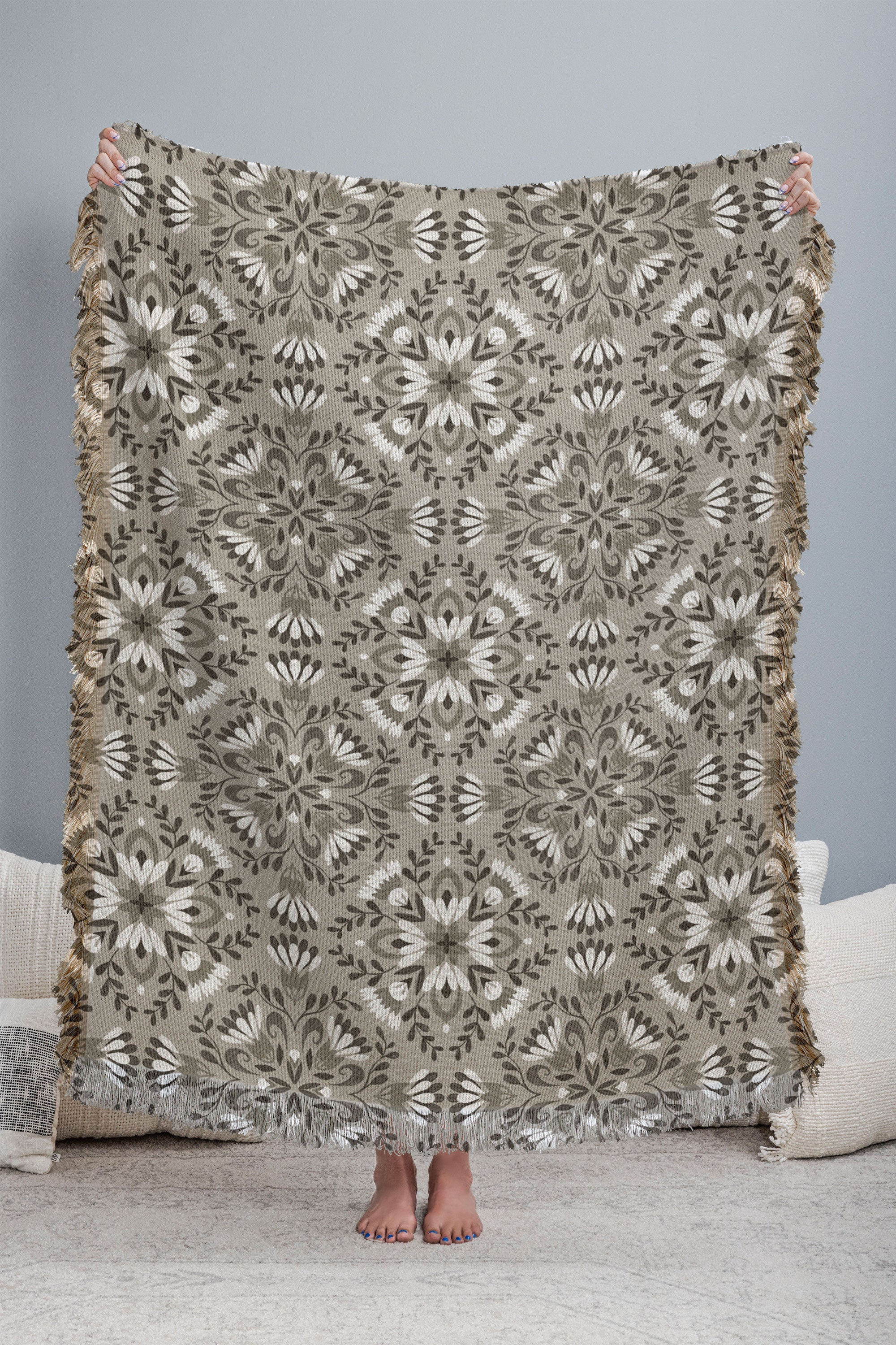 Pimlada Phuapradit Floral Tiles Gray Throw Blanket