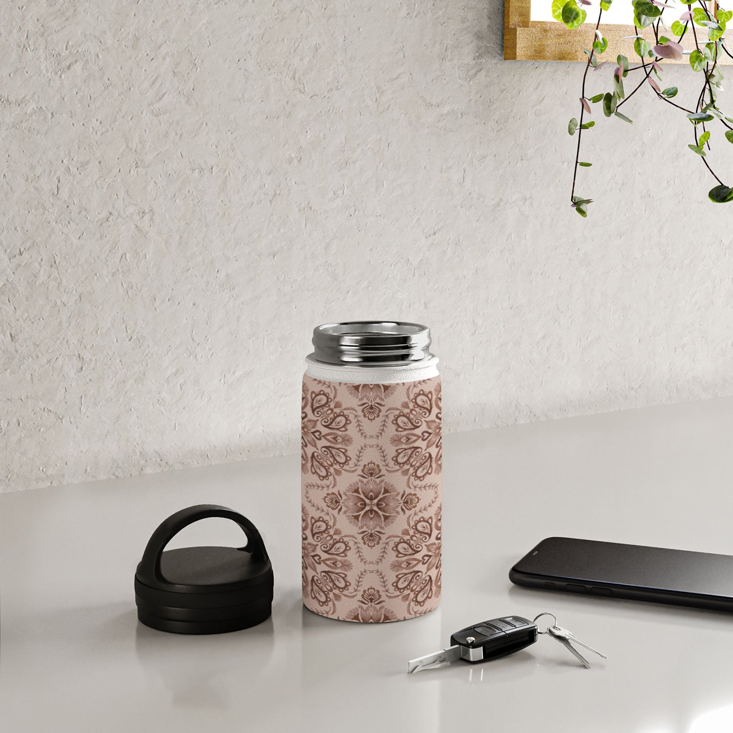 Pimlada Phuapradit Floral Tiles Light Brown Water Bottle