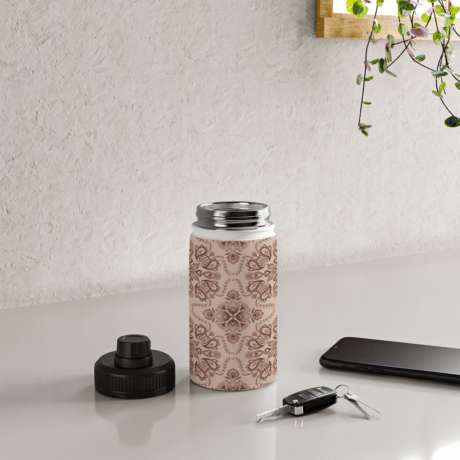 Pimlada Phuapradit Floral Tiles Light Brown Water Bottle