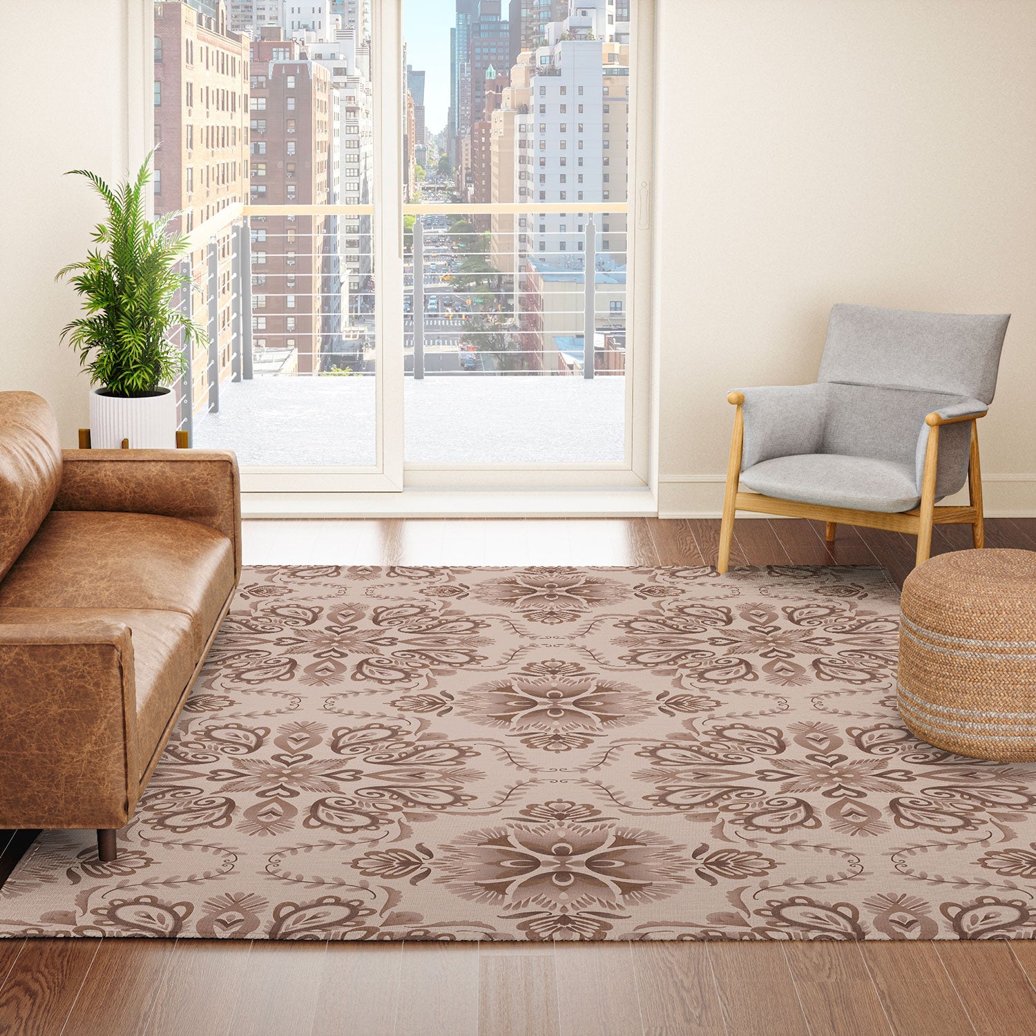 Pimlada Phuapradit Floral Tiles Light Brown Area Rug