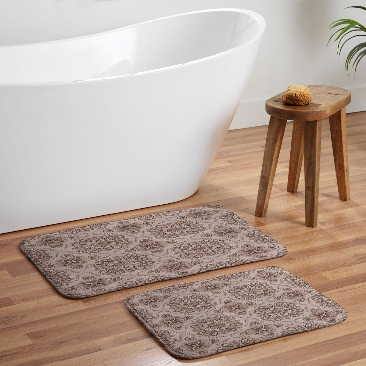Pimlada Phuapradit Floral Tiles Light Brown Memory Foam Bath Mat