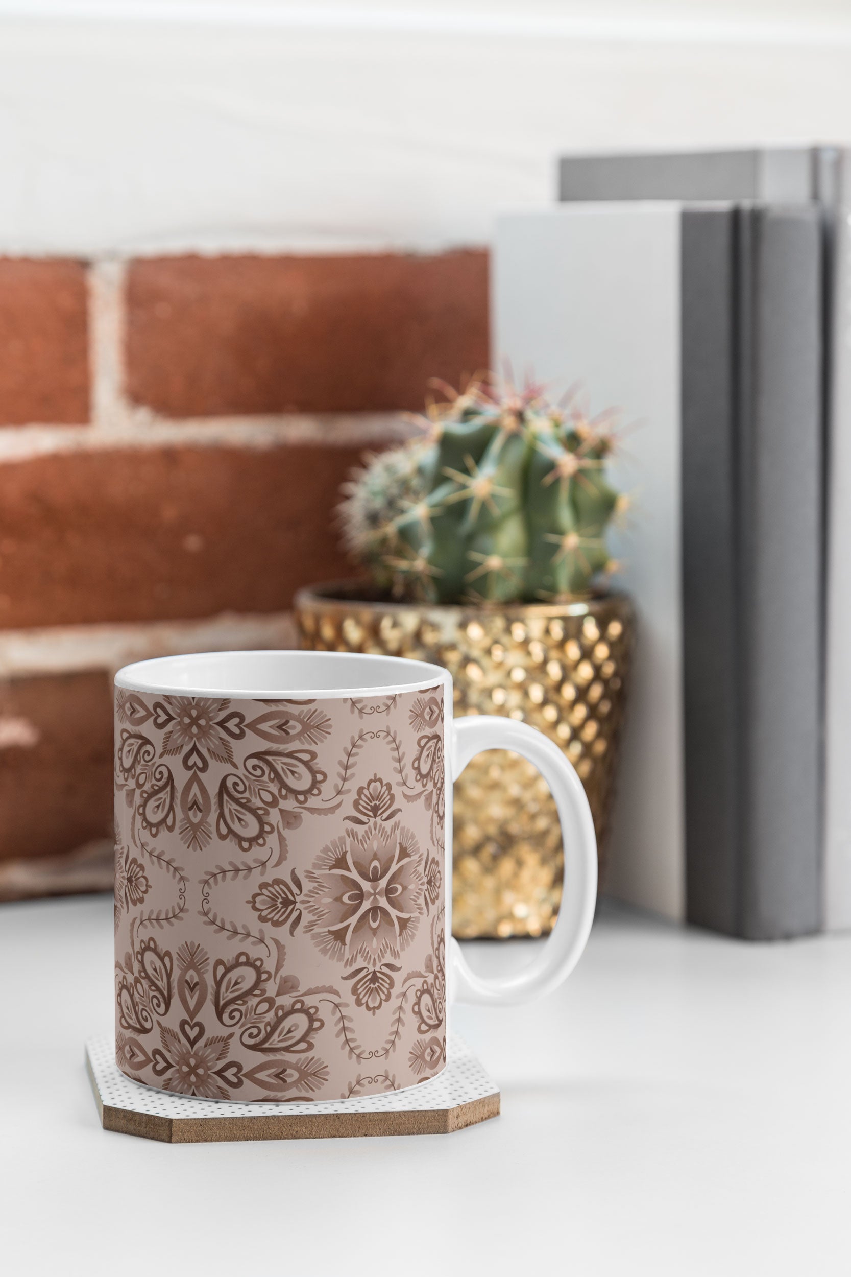 Pimlada Phuapradit Floral Tiles Light Brown Coffee Mug
