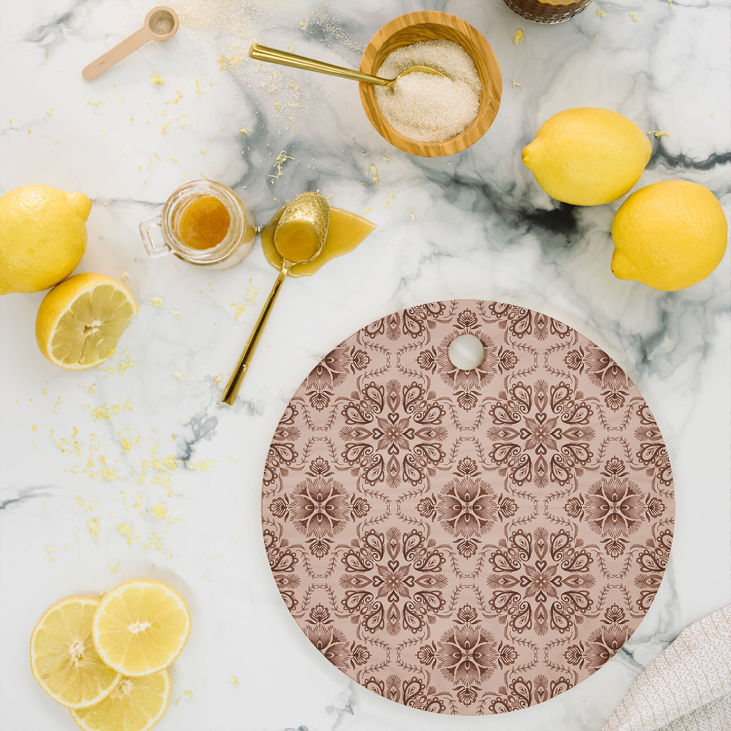 Pimlada Phuapradit Floral Tiles Light Brown Cutting Board Round