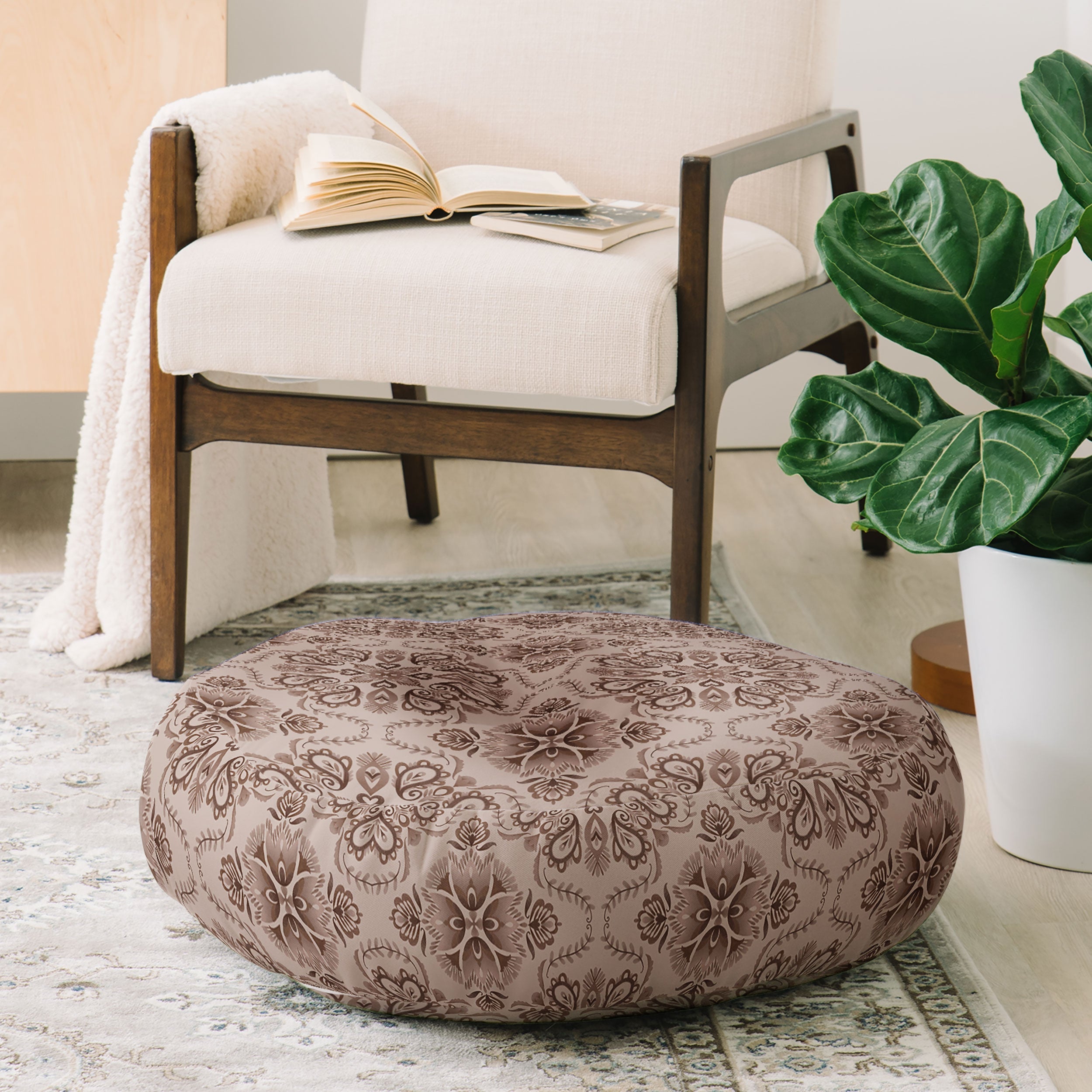 Pimlada Phuapradit Floral Tiles Light Brown Floor Pillow Round