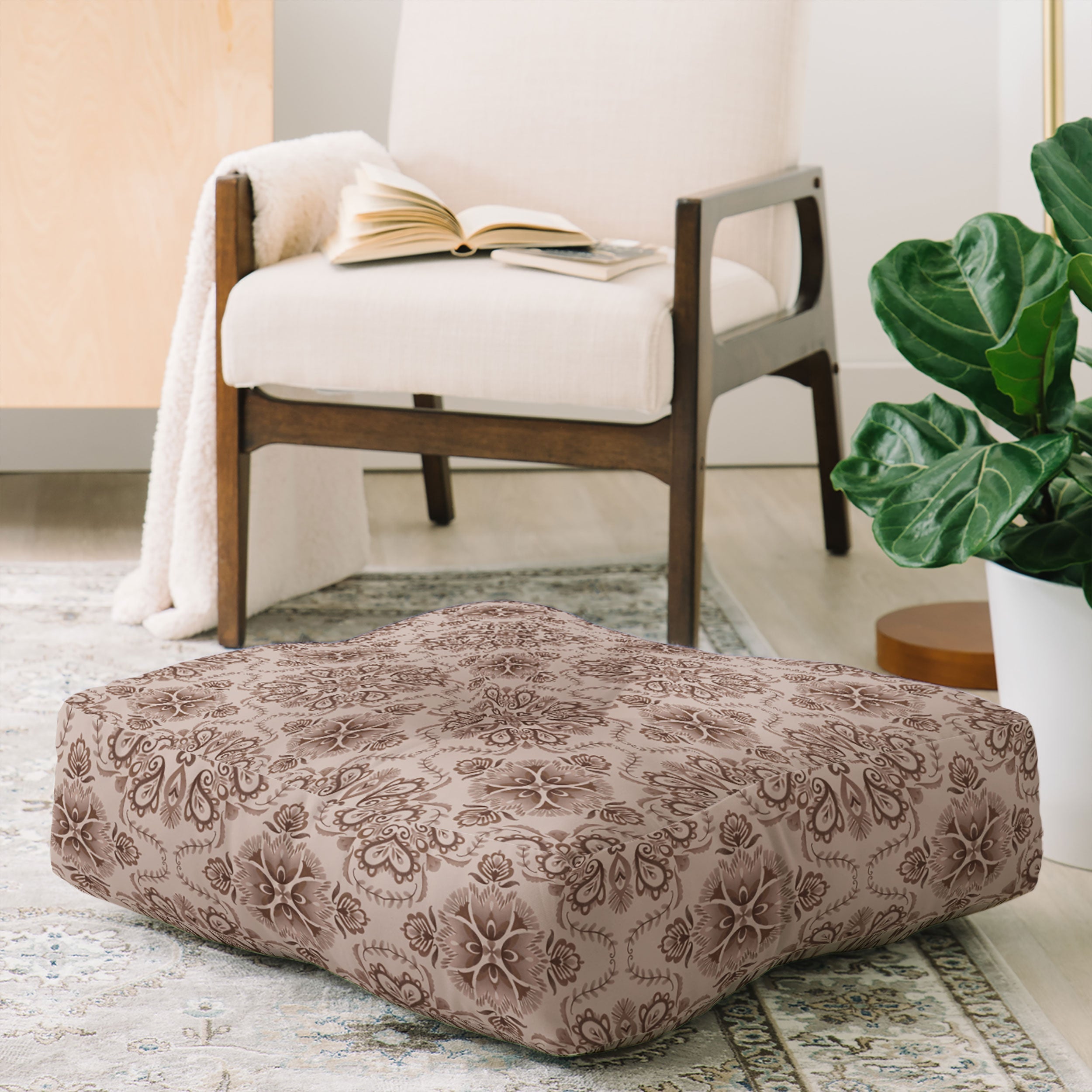 Pimlada Phuapradit Floral Tiles Light Brown Floor Pillow Square
