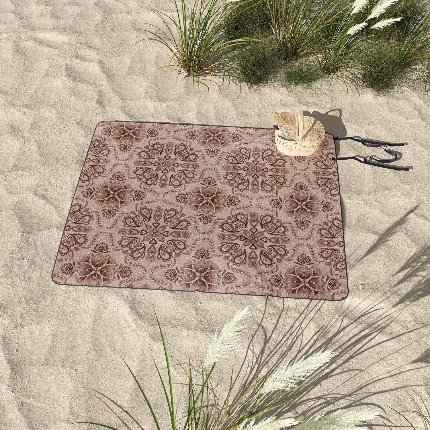 Pimlada Phuapradit Floral Tiles Light Brown Picnic Blanket