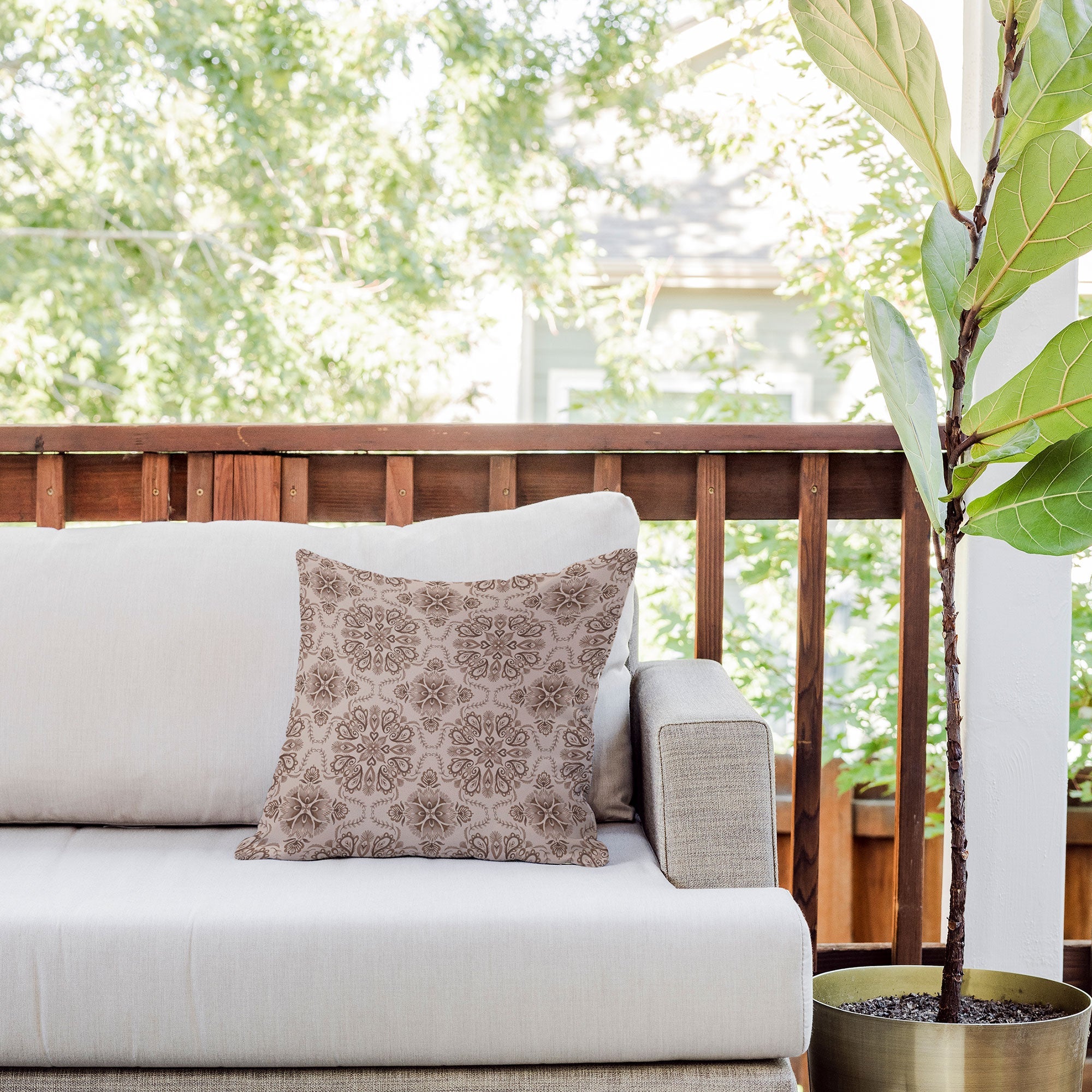 Pimlada Phuapradit Floral Tiles Light Brown Outdoor Throw Pillow