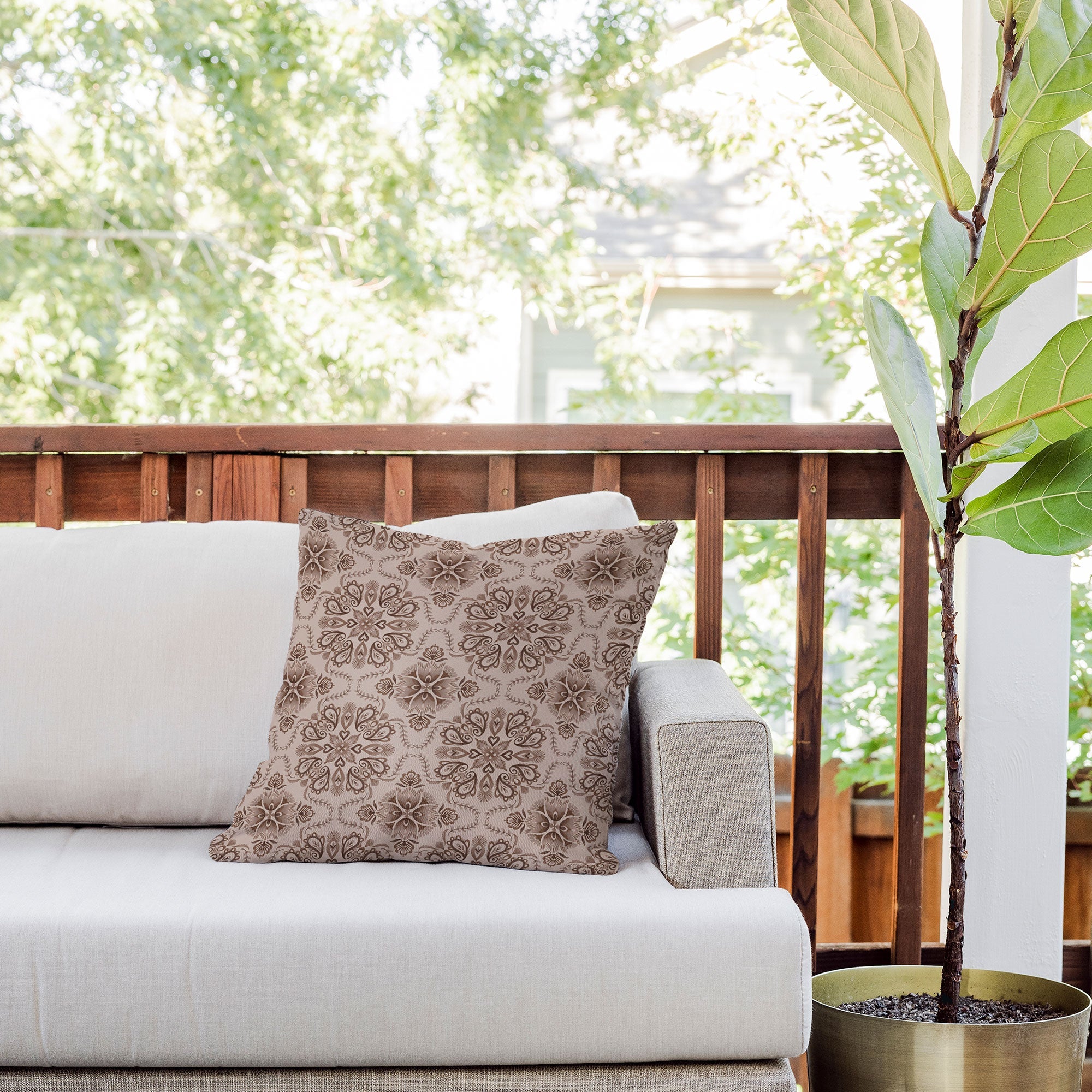 Pimlada Phuapradit Floral Tiles Light Brown Outdoor Throw Pillow