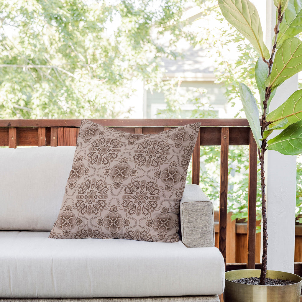 Pimlada Phuapradit Floral Tiles Light Brown Outdoor Throw Pillow
