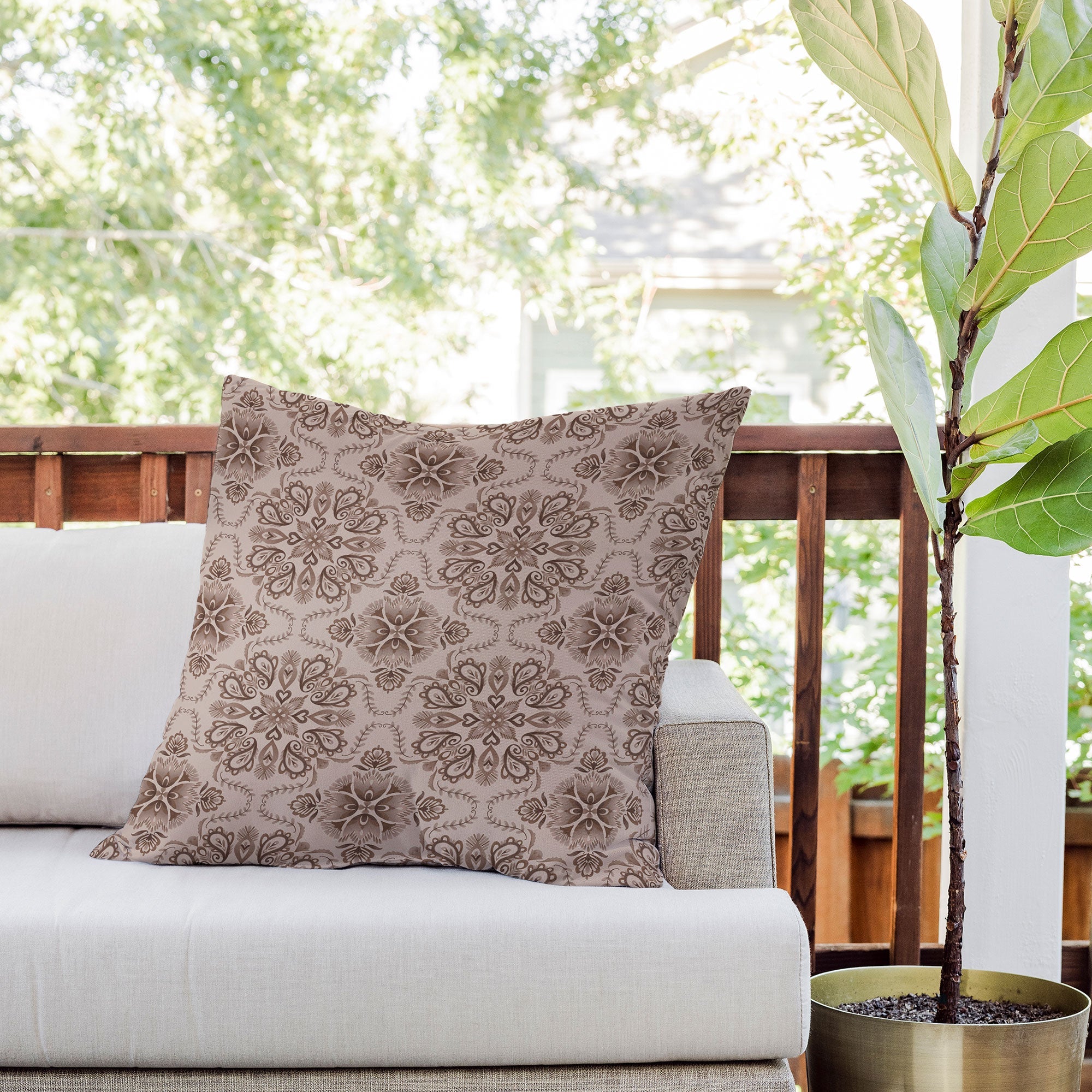 Pimlada Phuapradit Floral Tiles Light Brown Outdoor Throw Pillow