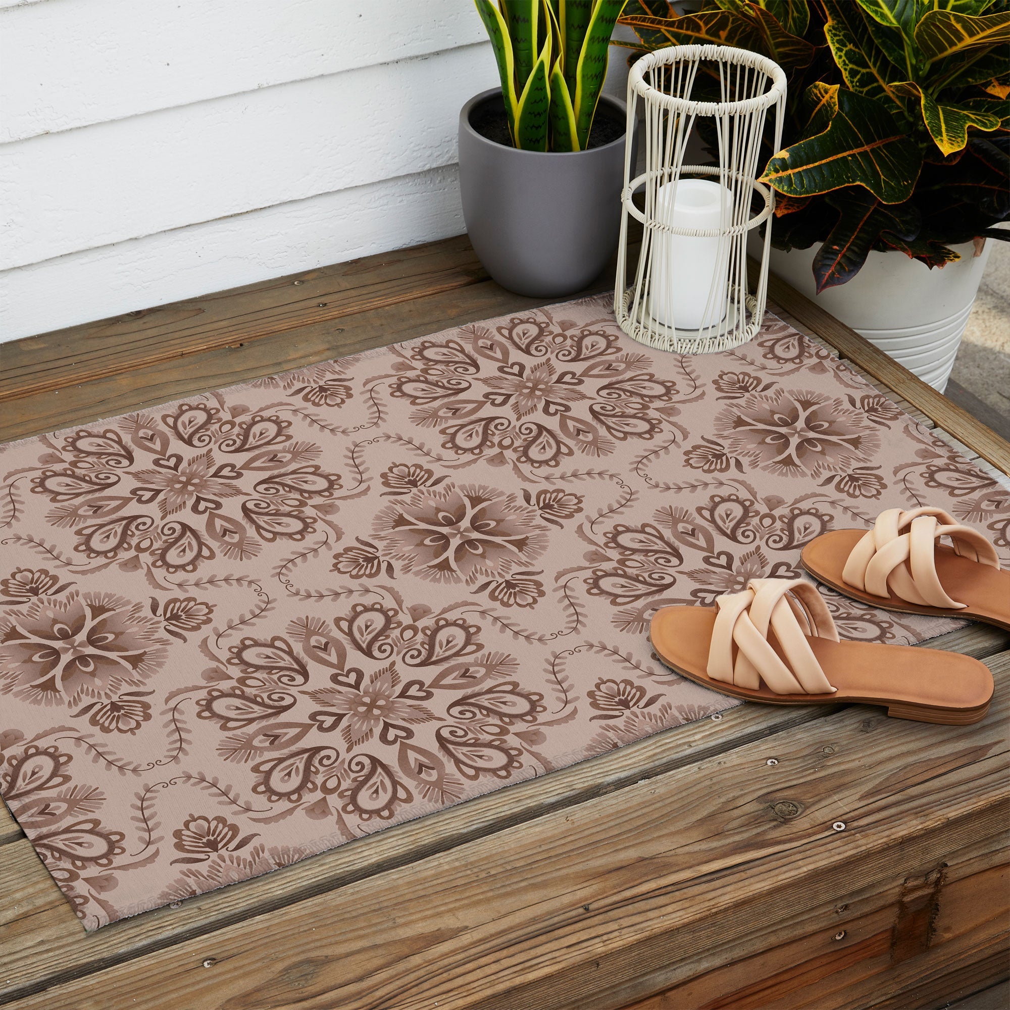 Pimlada Phuapradit Floral Tiles Light Brown Outdoor Rug