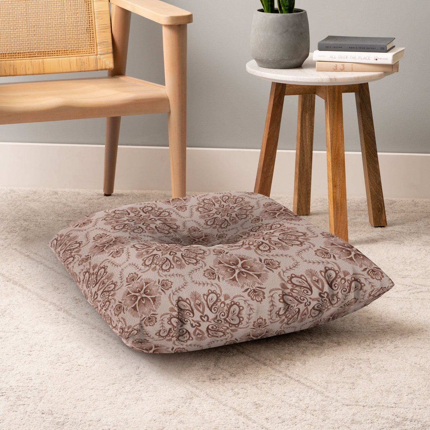 Pimlada Phuapradit Floral Tiles Light Brown Floor Pillow Square
