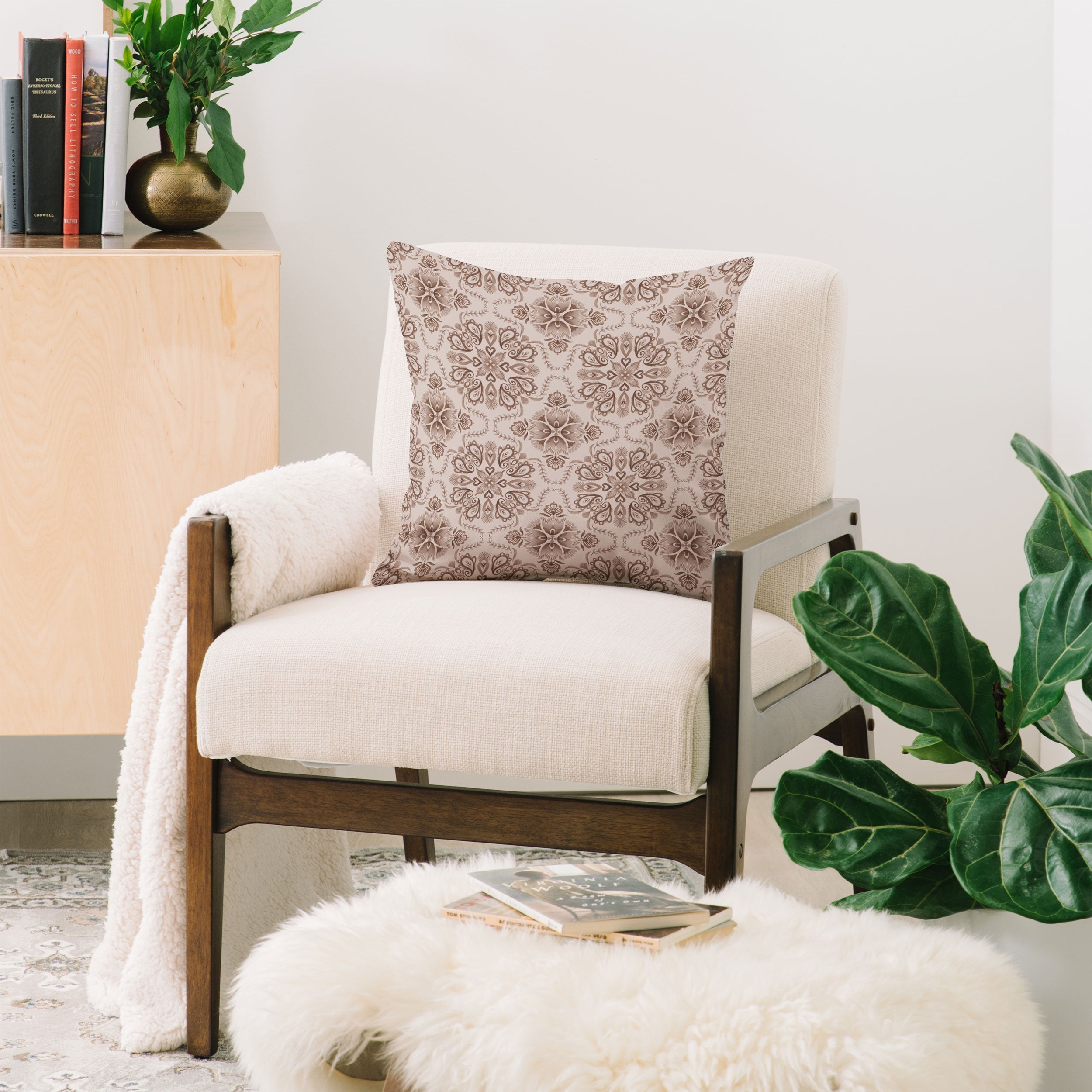 Pimlada Phuapradit Floral Tiles Light Brown Throw Pillow