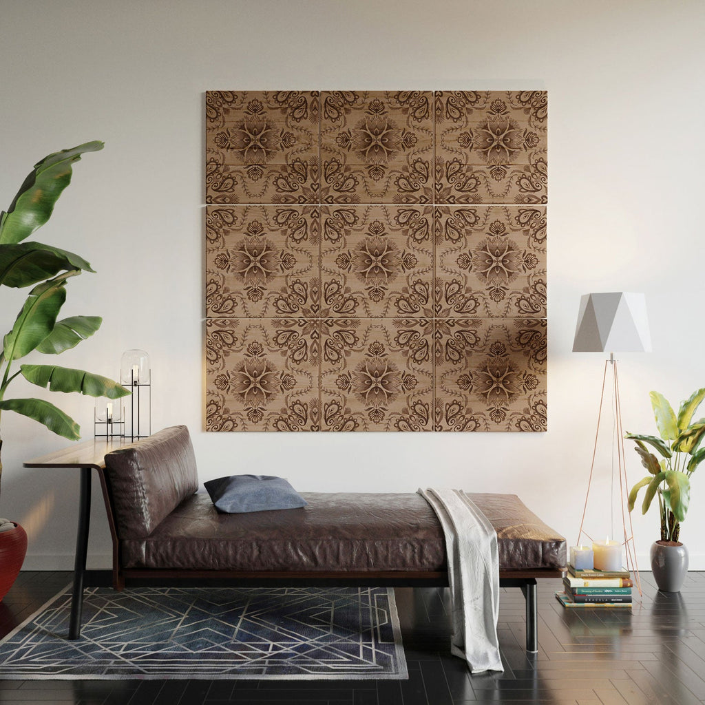 Pimlada Phuapradit Floral Tiles Light Brown Wood Wall Mural
