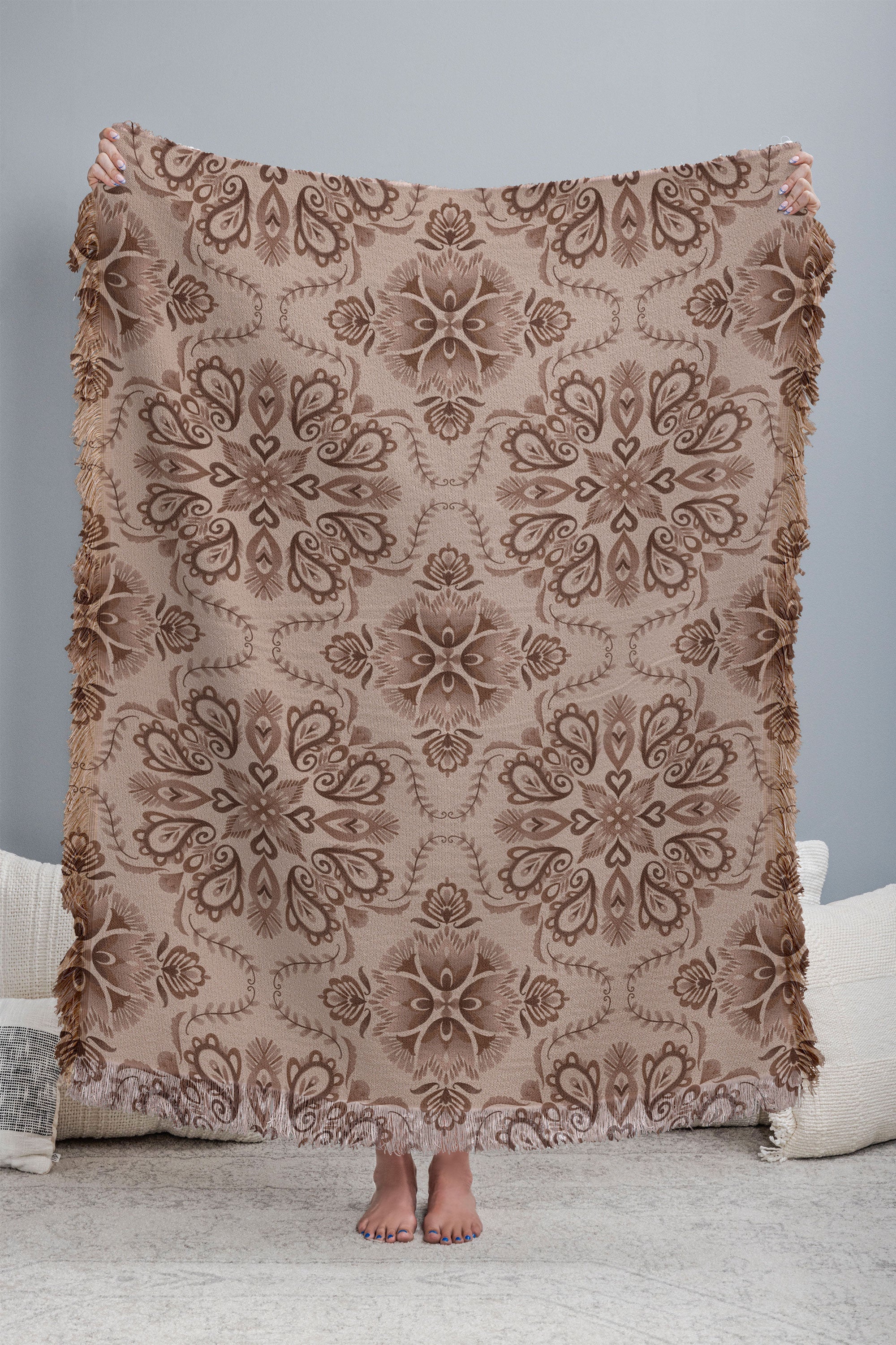 Pimlada Phuapradit Floral Tiles Light Brown Throw Blanket