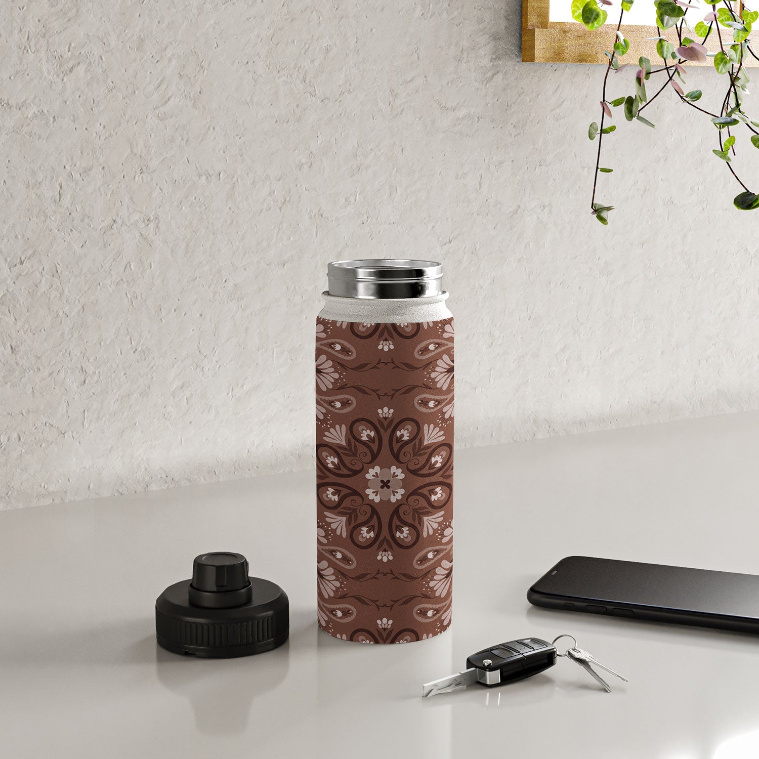 Pimlada Phuapradit Paisley Floral Tiles Brown Water Bottle