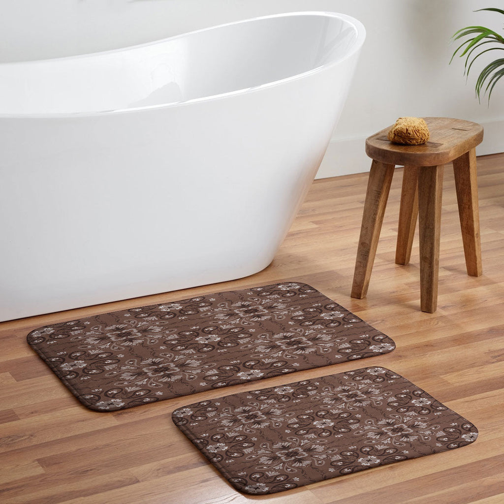 Pimlada Phuapradit Paisley Floral Tiles Brown Memory Foam Bath Mat