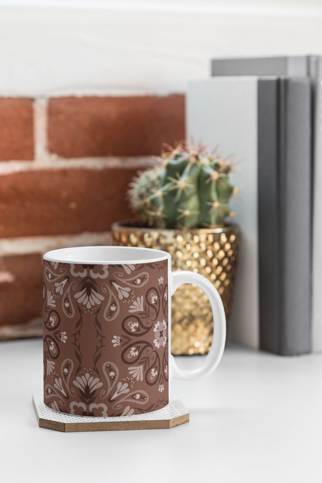 Pimlada Phuapradit Paisley Floral Tiles Brown Coffee Mug