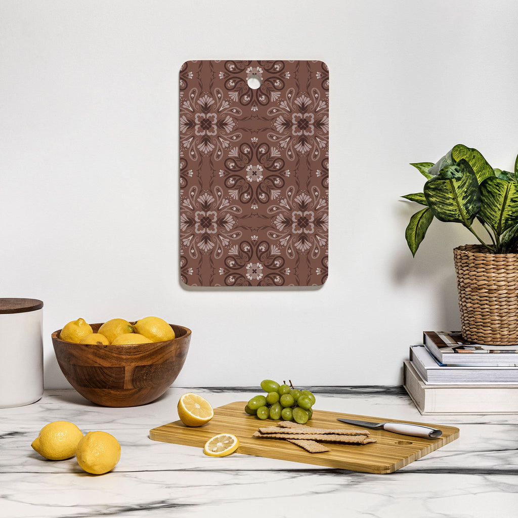 Pimlada Phuapradit Paisley Floral Tiles Brown Cutting Board Rectangle