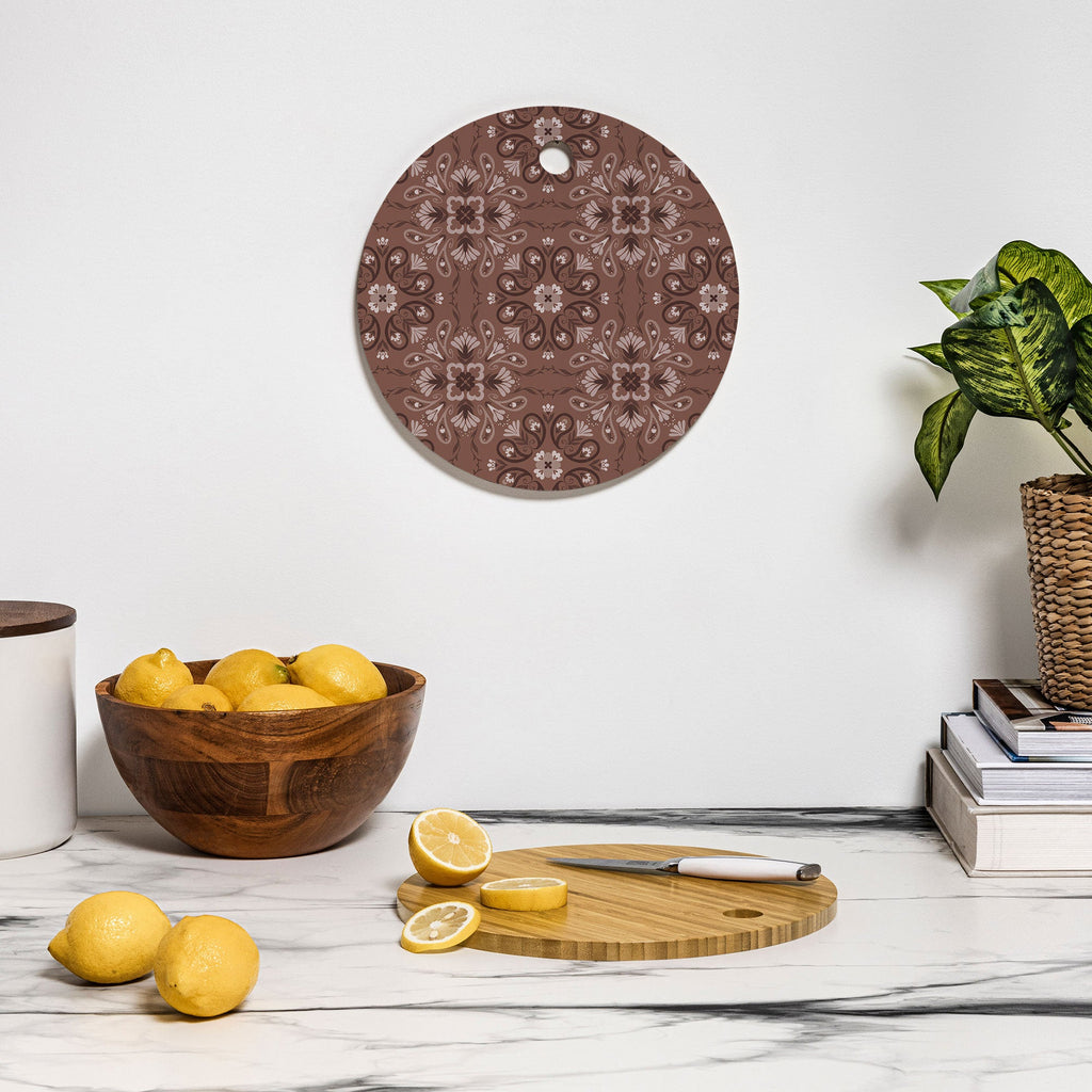 Pimlada Phuapradit Paisley Floral Tiles Brown Cutting Board Round