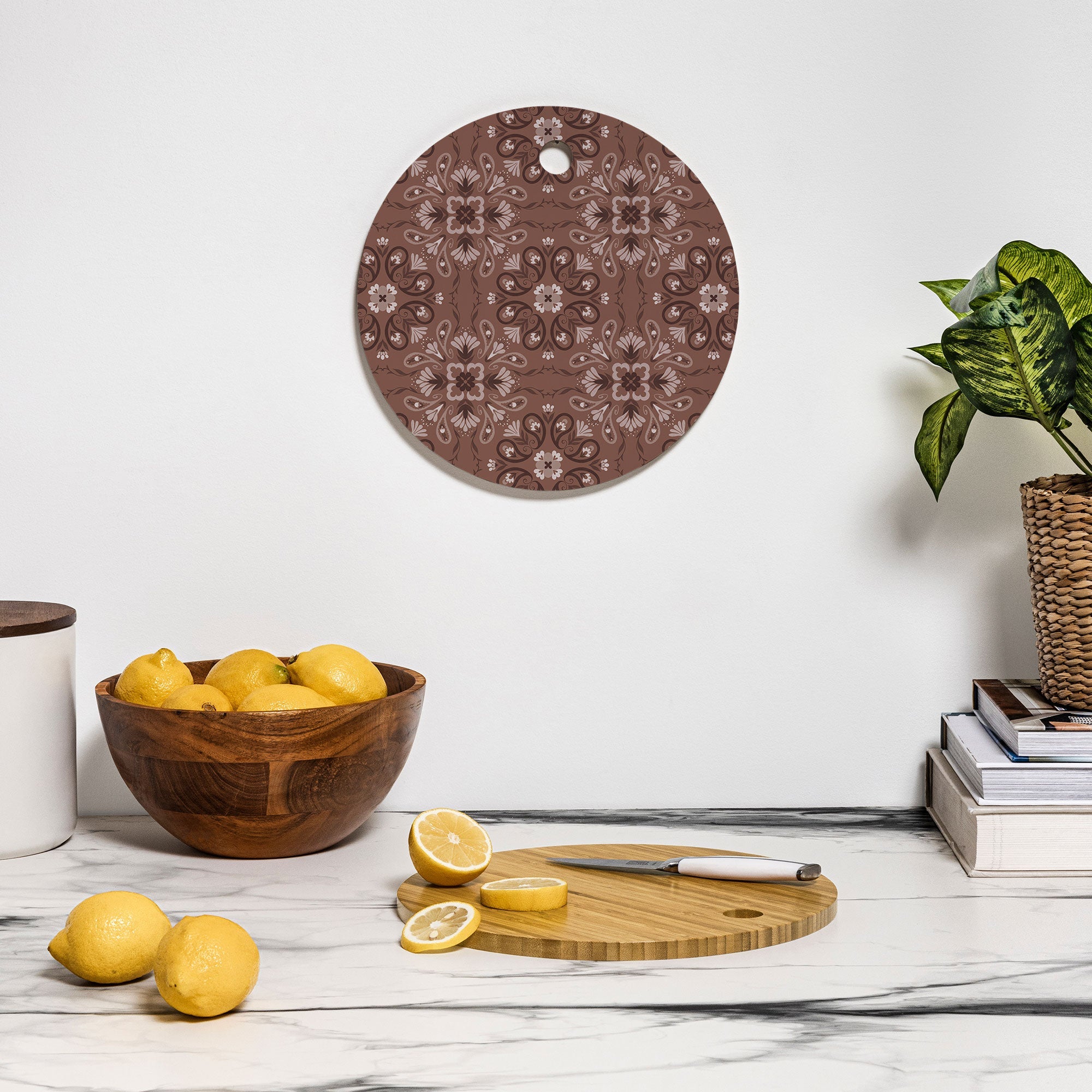 Pimlada Phuapradit Paisley Floral Tiles Brown Cutting Board Round