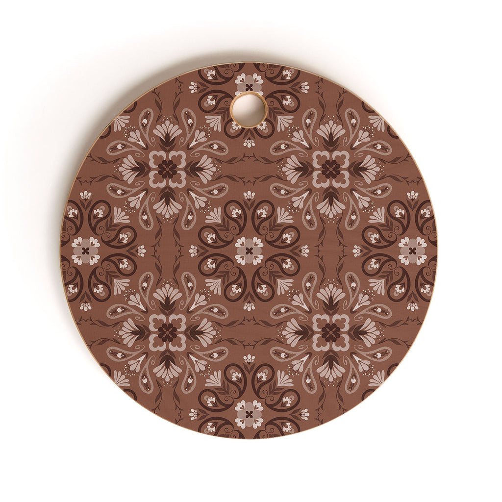 Pimlada Phuapradit Paisley Floral Tiles Brown Cutting Board Round