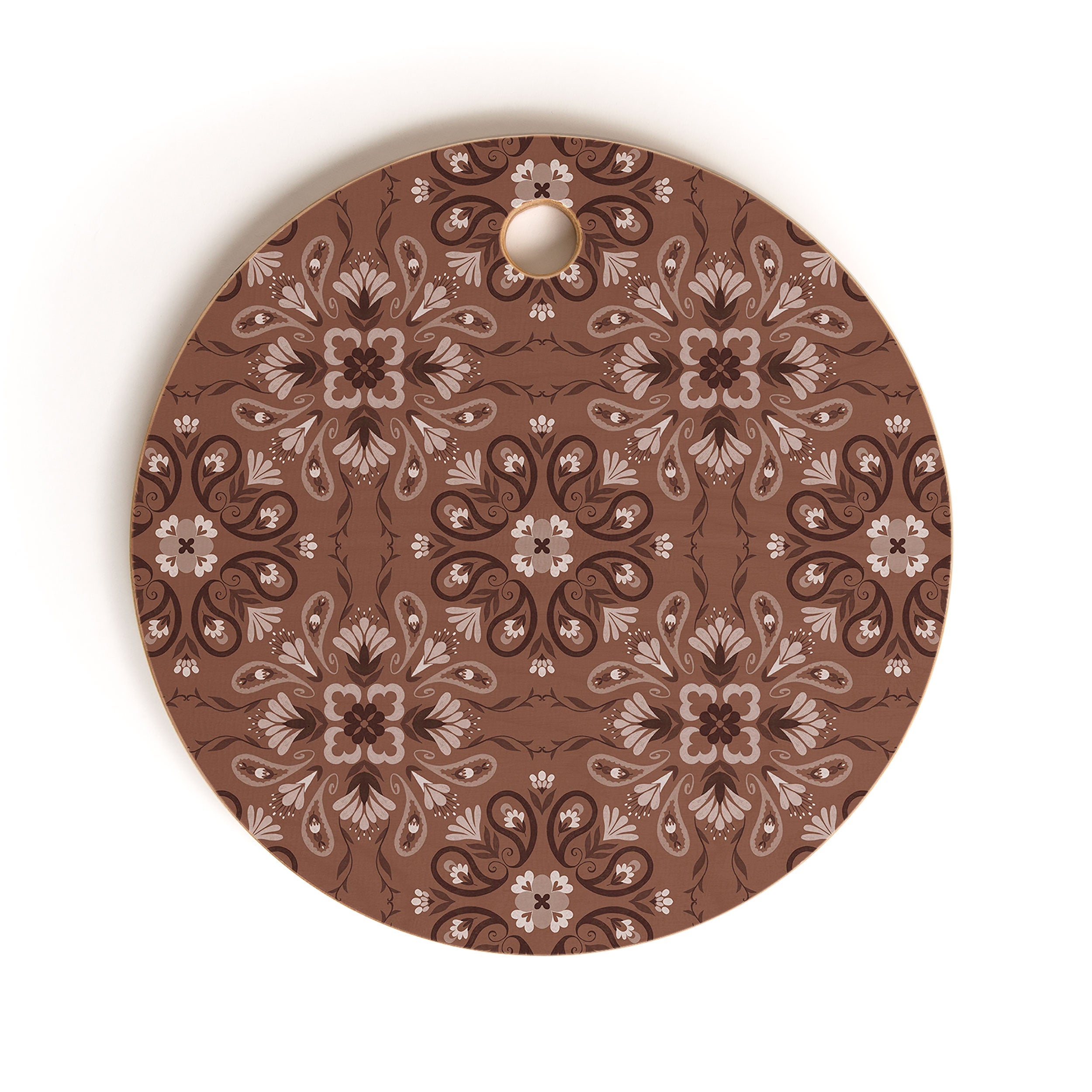 Pimlada Phuapradit Paisley Floral Tiles Brown Cutting Board Round