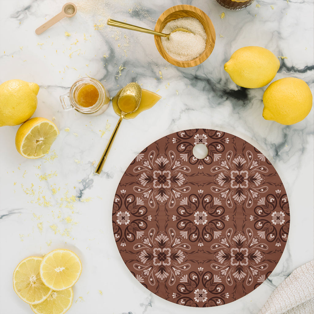 Pimlada Phuapradit Paisley Floral Tiles Brown Cutting Board Round