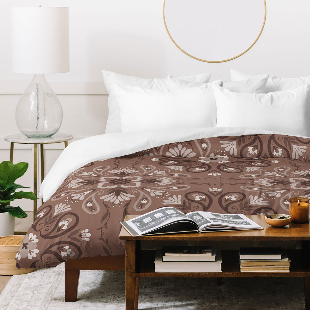 Pimlada Phuapradit Paisley Floral Tiles Brown Duvet Cover