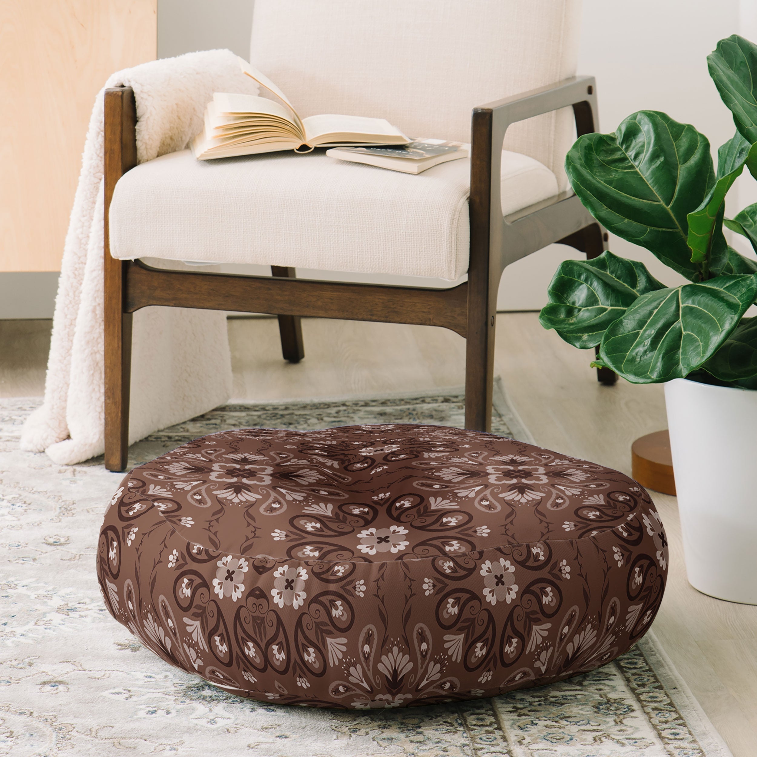 Pimlada Phuapradit Paisley Floral Tiles Brown Floor Pillow Round
