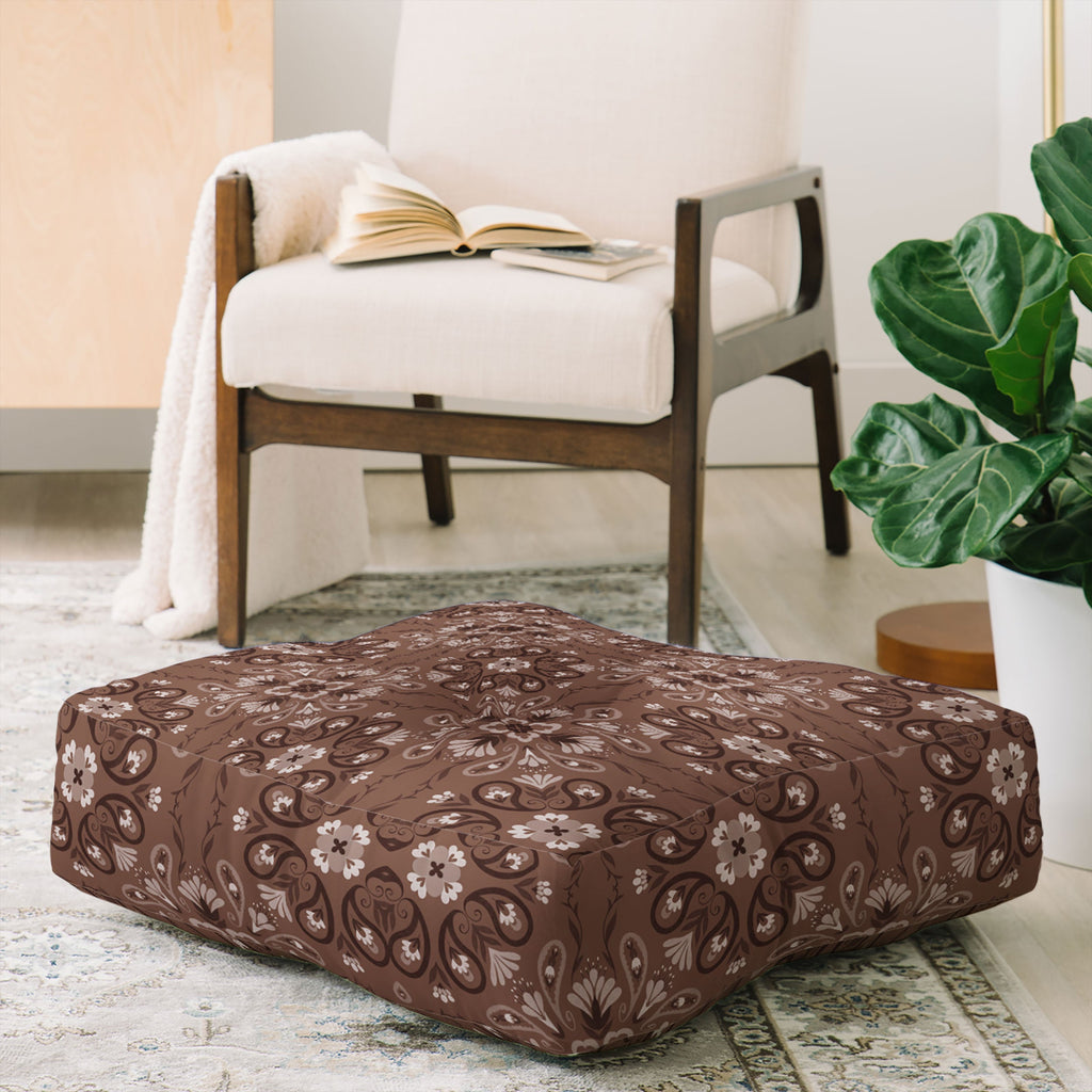 Pimlada Phuapradit Paisley Floral Tiles Brown Floor Pillow Square