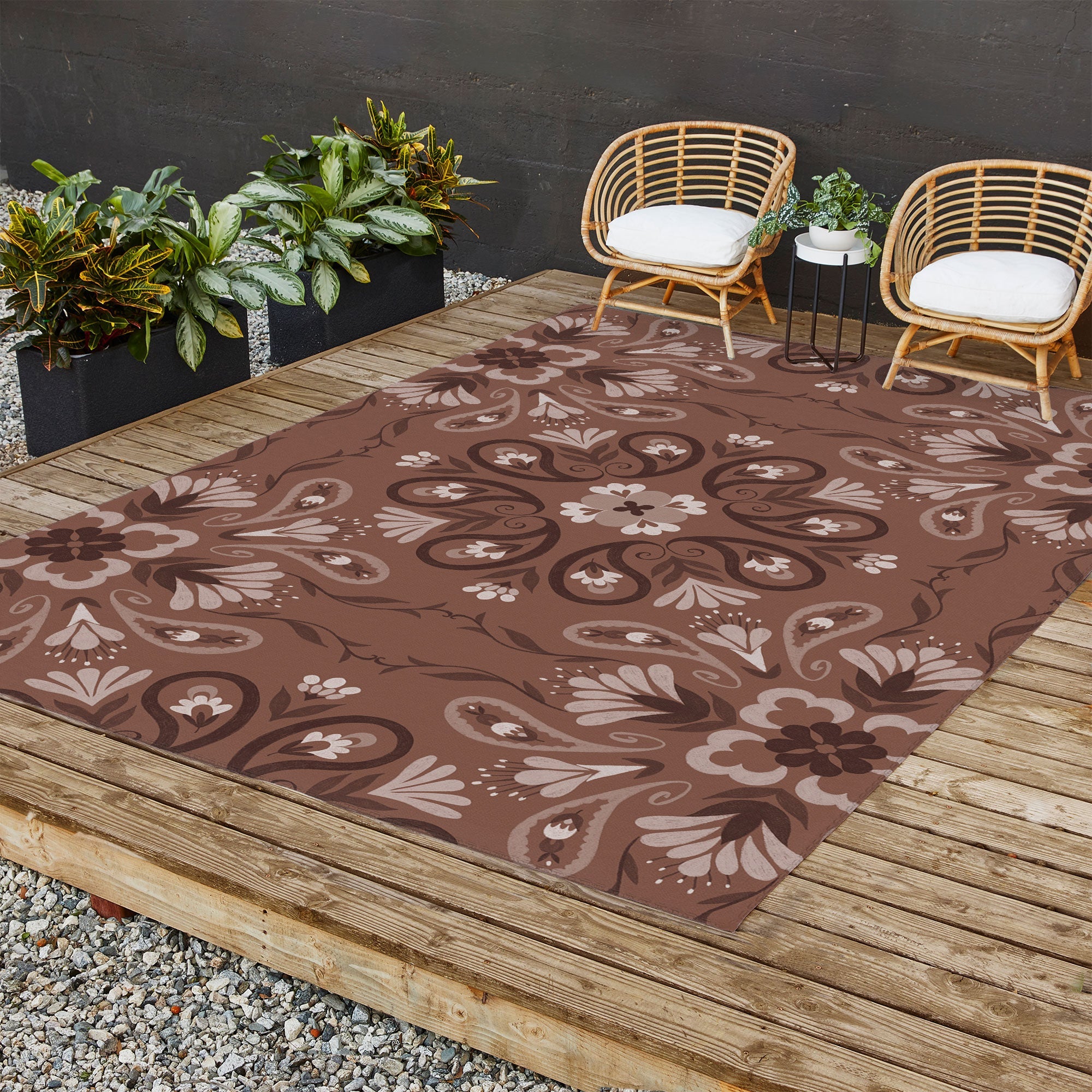 Pimlada Phuapradit Paisley Floral Tiles Brown Outdoor Rug