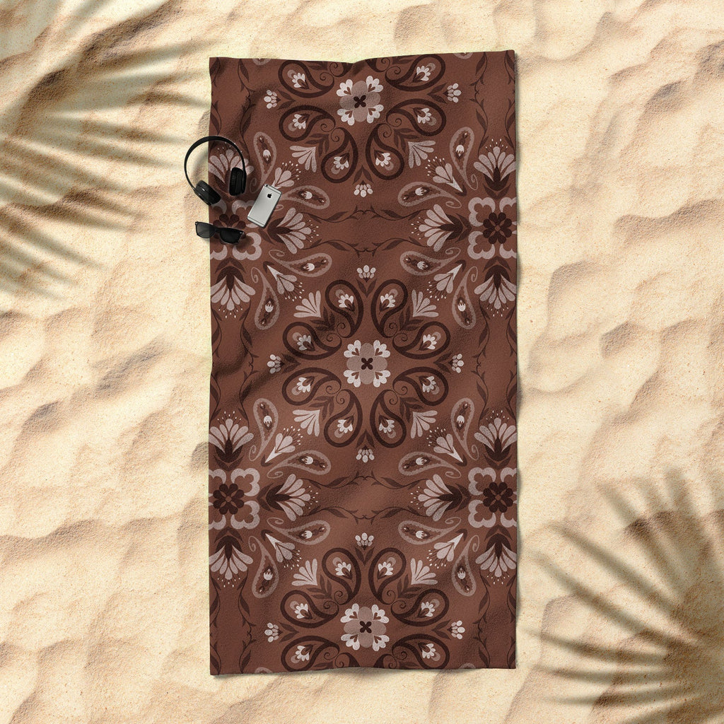 Pimlada Phuapradit Paisley Floral Tiles Brown Beach Towel