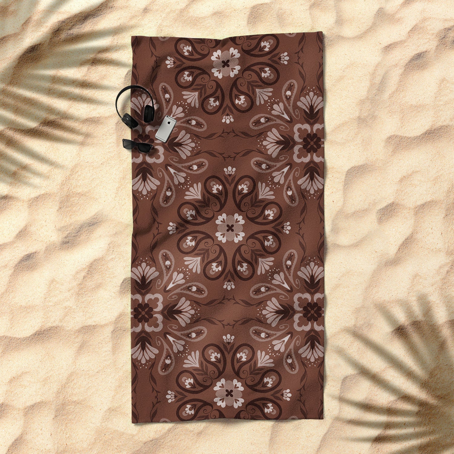 Pimlada Phuapradit Paisley Floral Tiles Brown Beach Towel