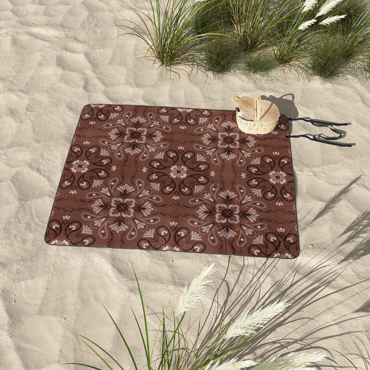 Pimlada Phuapradit Paisley Floral Tiles Brown Picnic Blanket