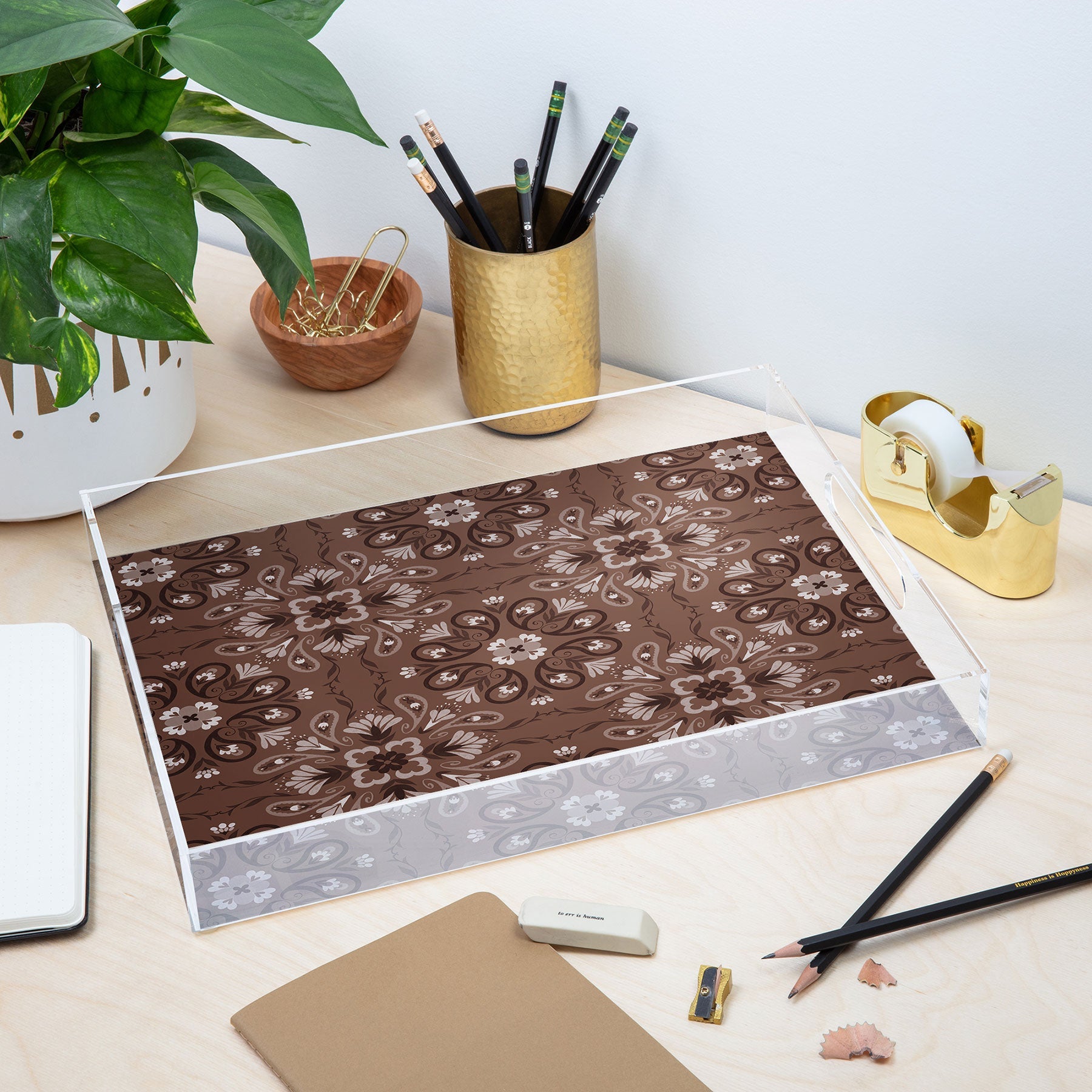 Pimlada Phuapradit Paisley Floral Tiles Brown Acrylic Tray