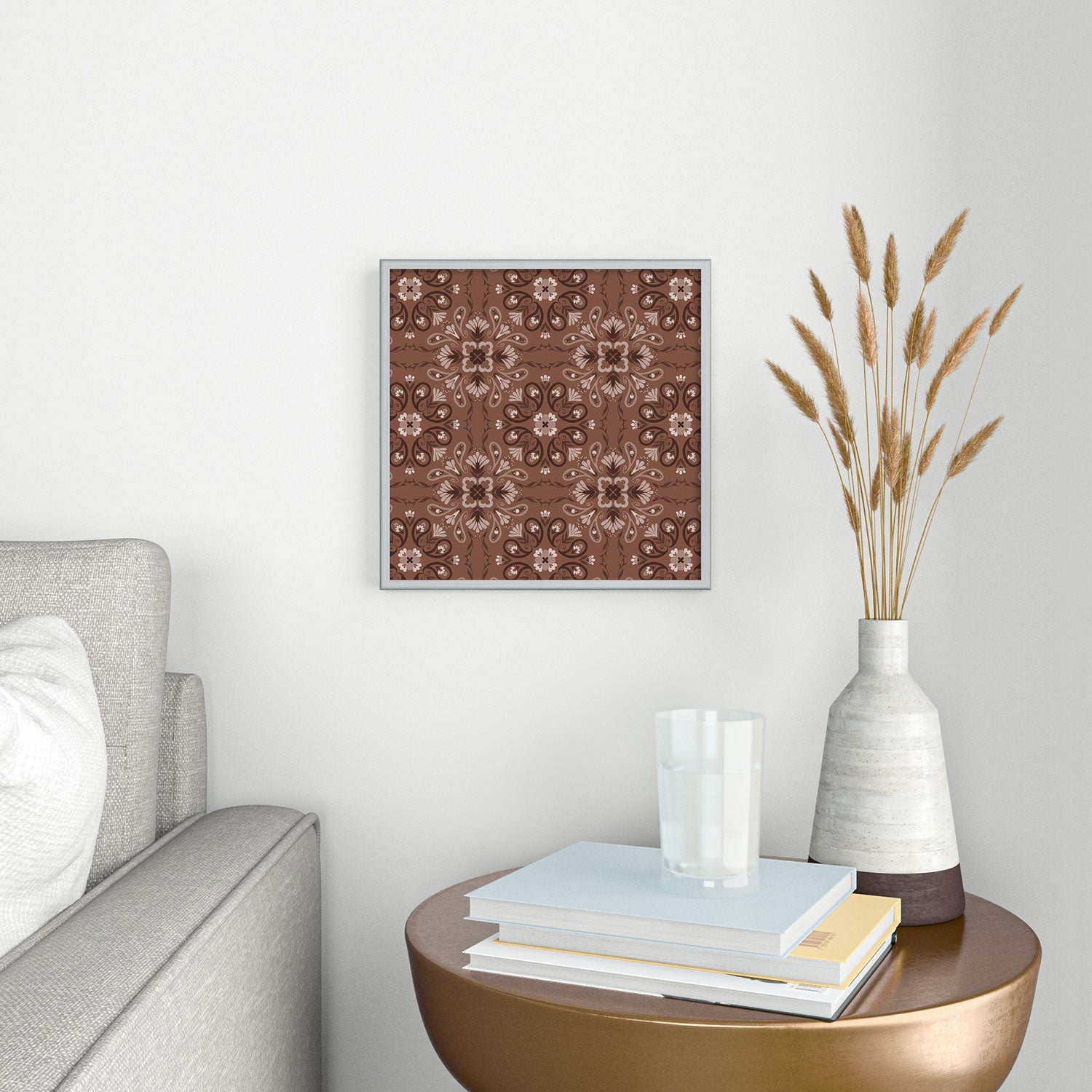Pimlada Phuapradit Paisley Floral Tiles Brown Square Metal Framed Art Print