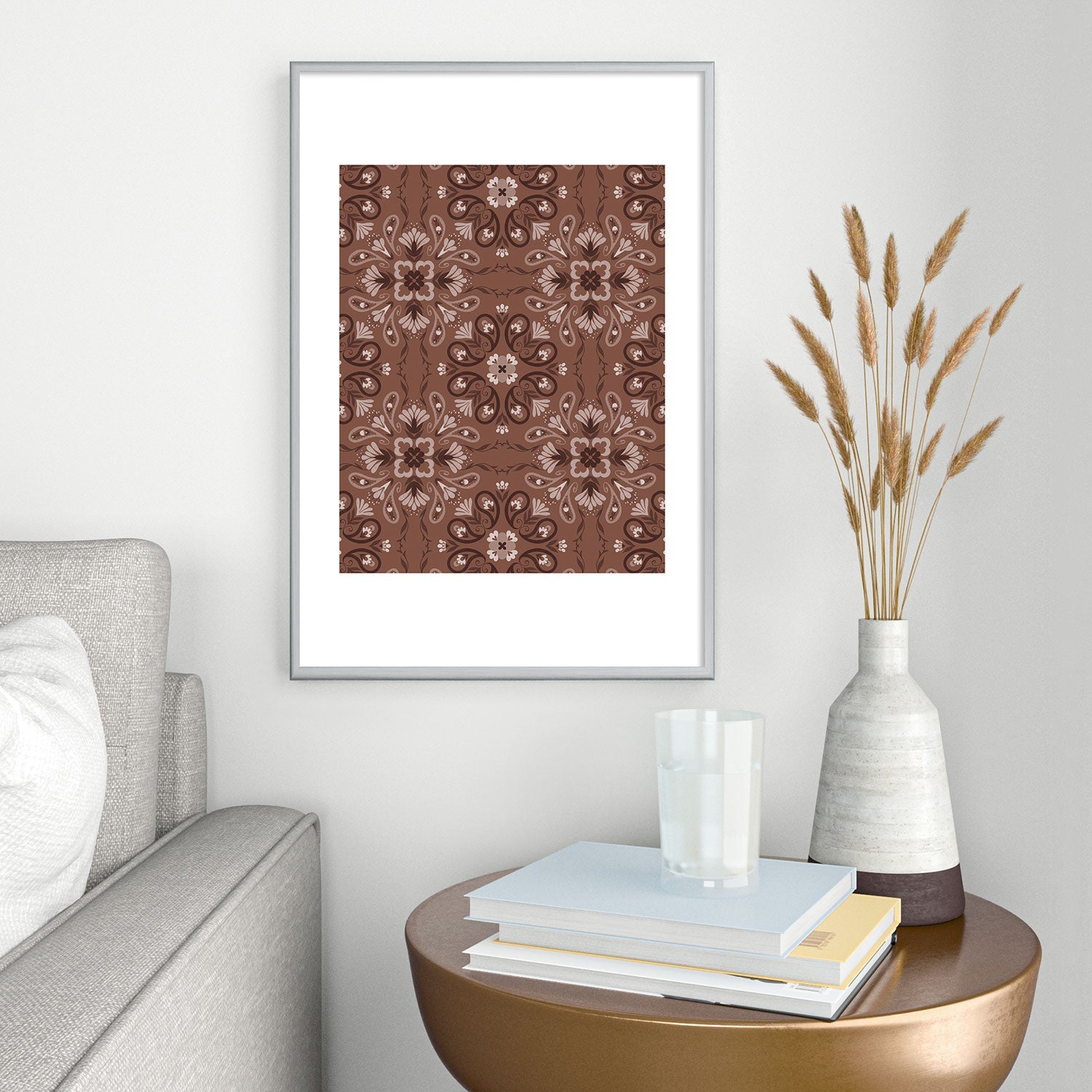 Pimlada Phuapradit Paisley Floral Tiles Brown Metal Framed Art Print