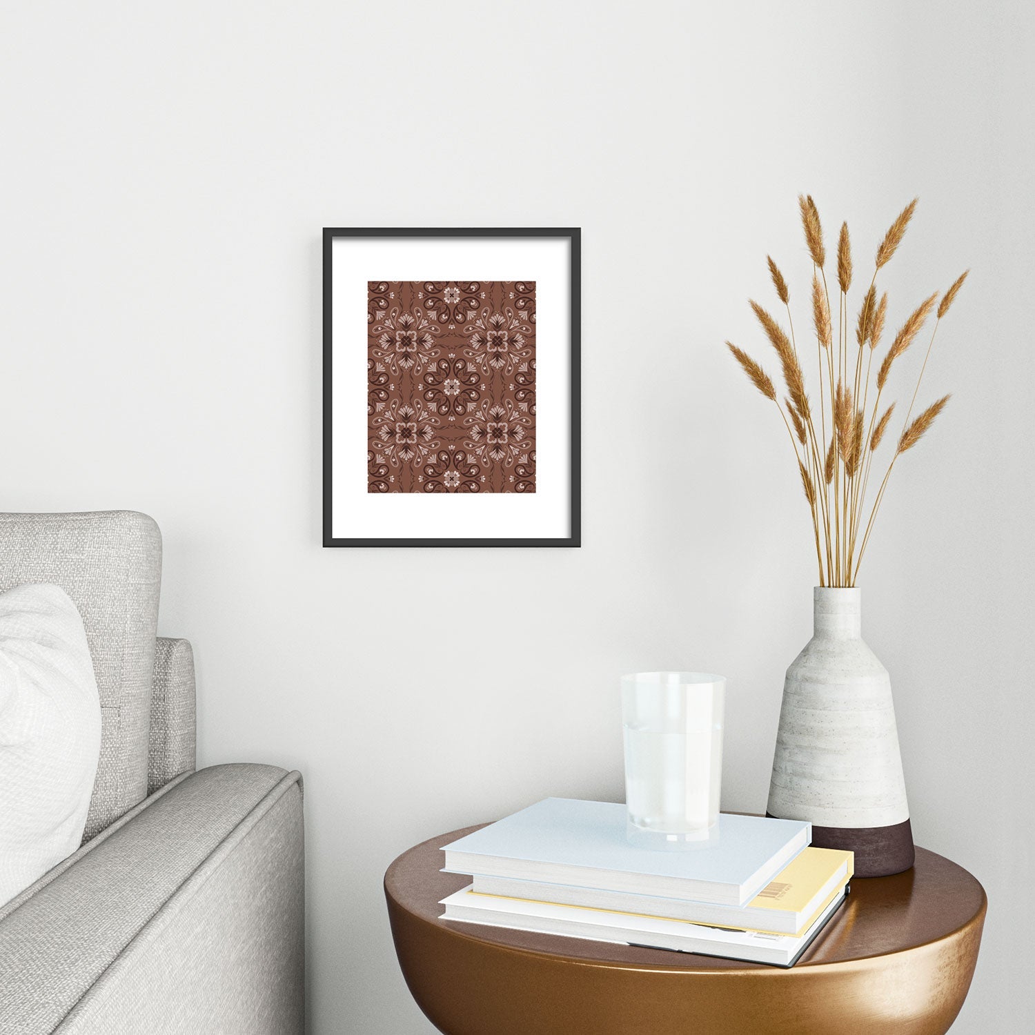 Pimlada Phuapradit Paisley Floral Tiles Brown Metal Framed Art Print