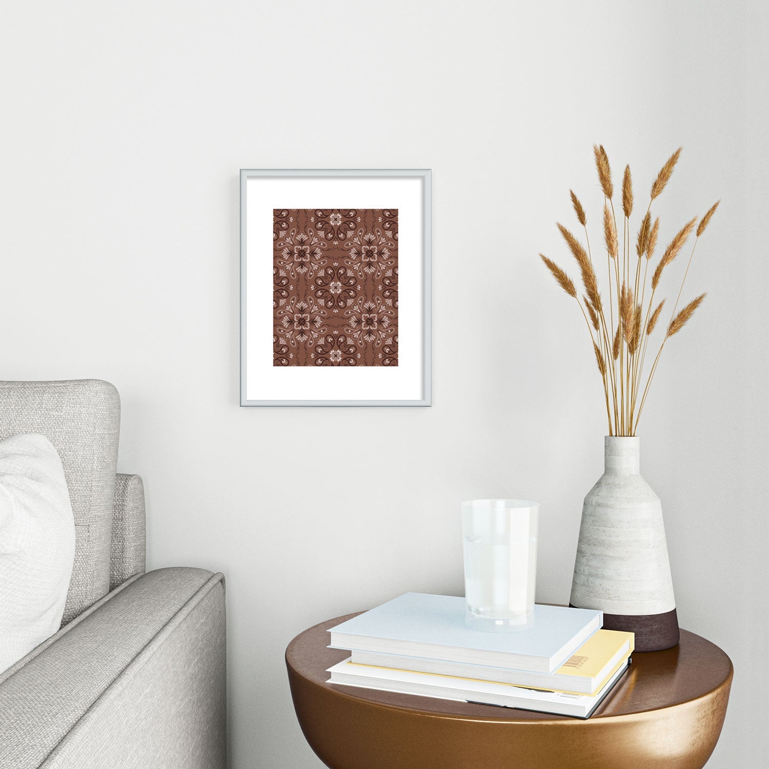Pimlada Phuapradit Paisley Floral Tiles Brown Metal Framed Art Print