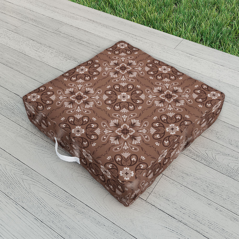 Pimlada Phuapradit Paisley Floral Tiles Brown Outdoor Floor Cushion