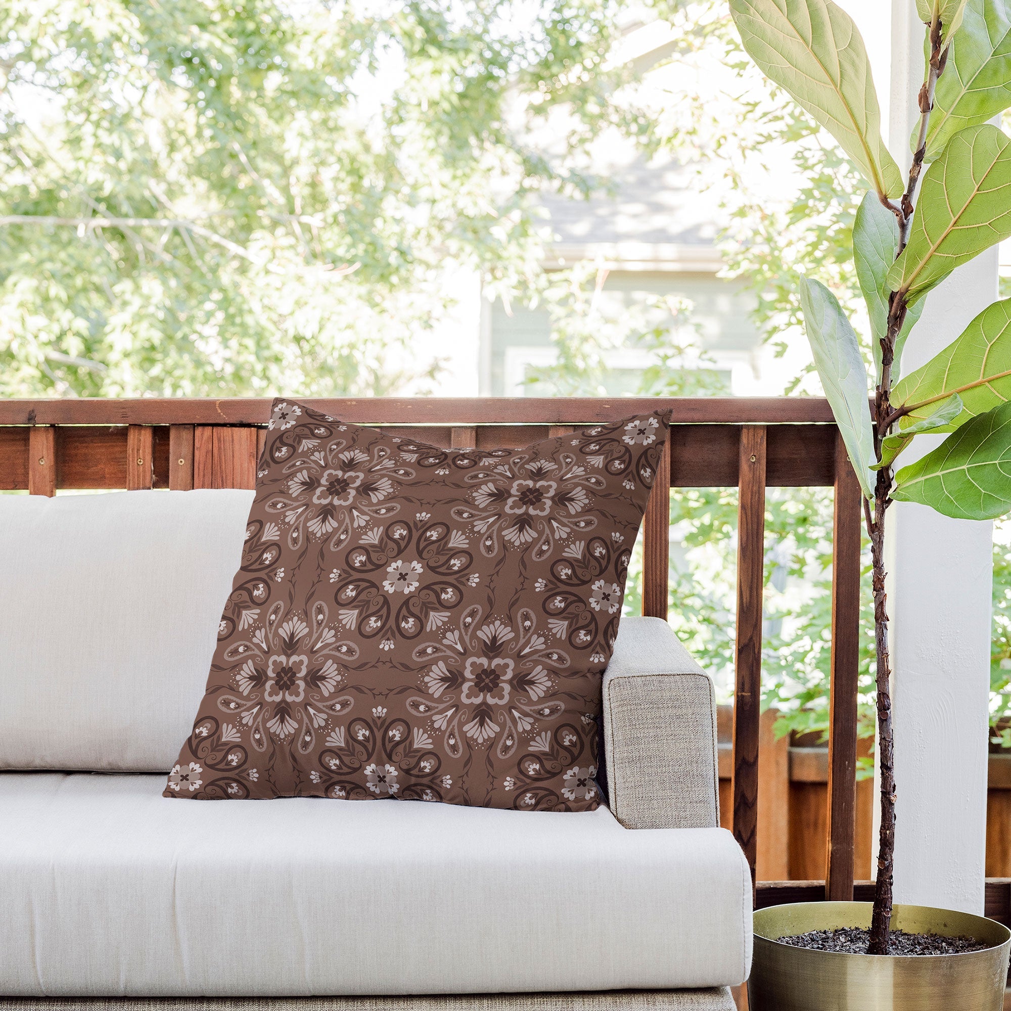 Pimlada Phuapradit Paisley Floral Tiles Brown Outdoor Throw Pillow
