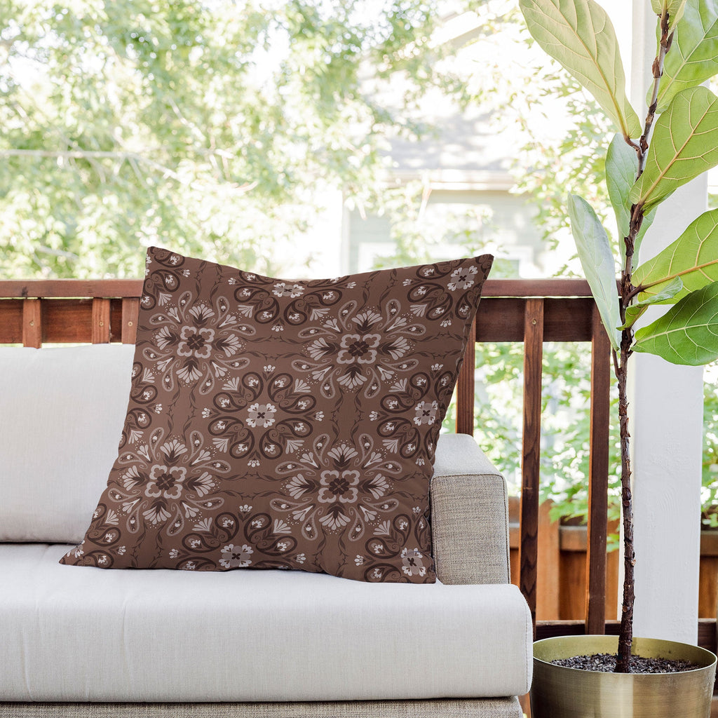 Pimlada Phuapradit Paisley Floral Tiles Brown Outdoor Throw Pillow
