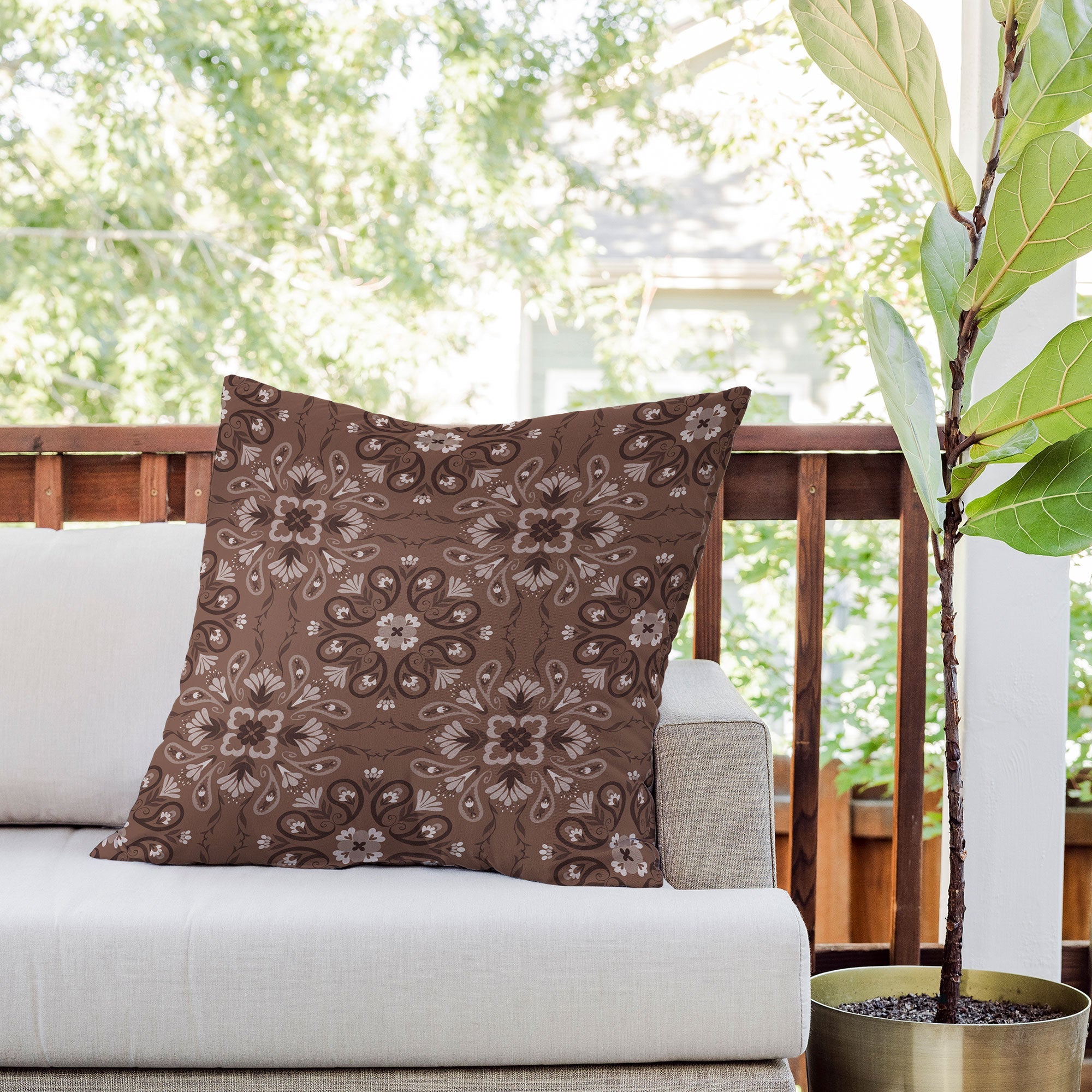 Pimlada Phuapradit Paisley Floral Tiles Brown Outdoor Throw Pillow