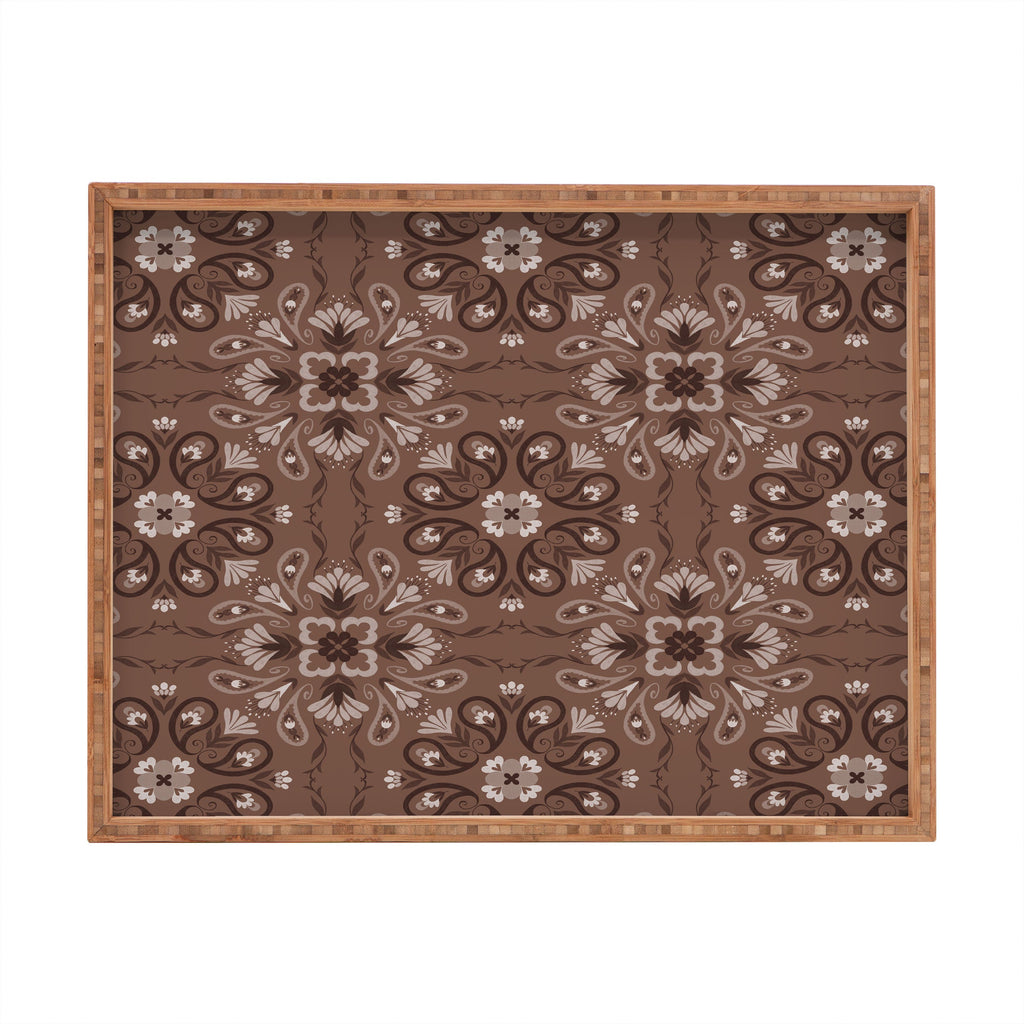 Pimlada Phuapradit Paisley Floral Tiles Brown Rectangular Tray
