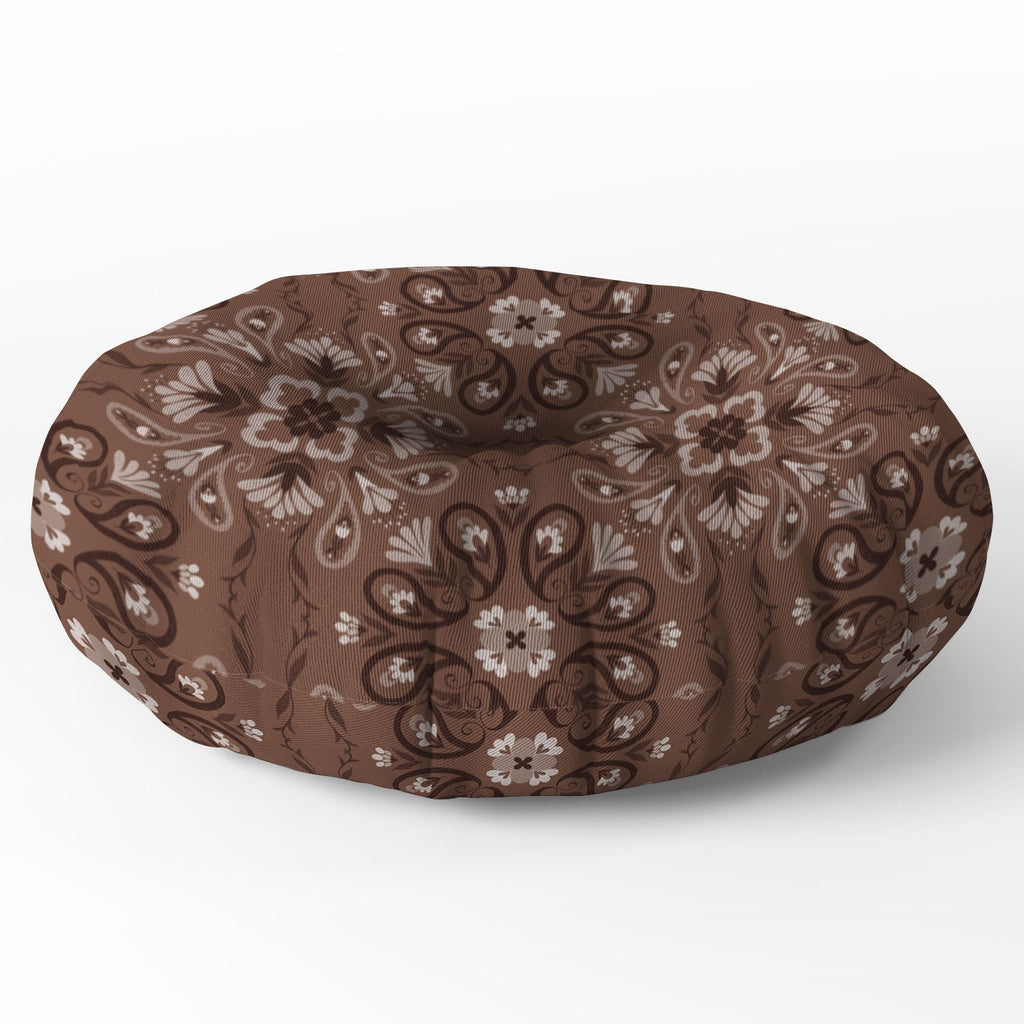 Pimlada Phuapradit Paisley Floral Tiles Brown Floor Pillow Round
