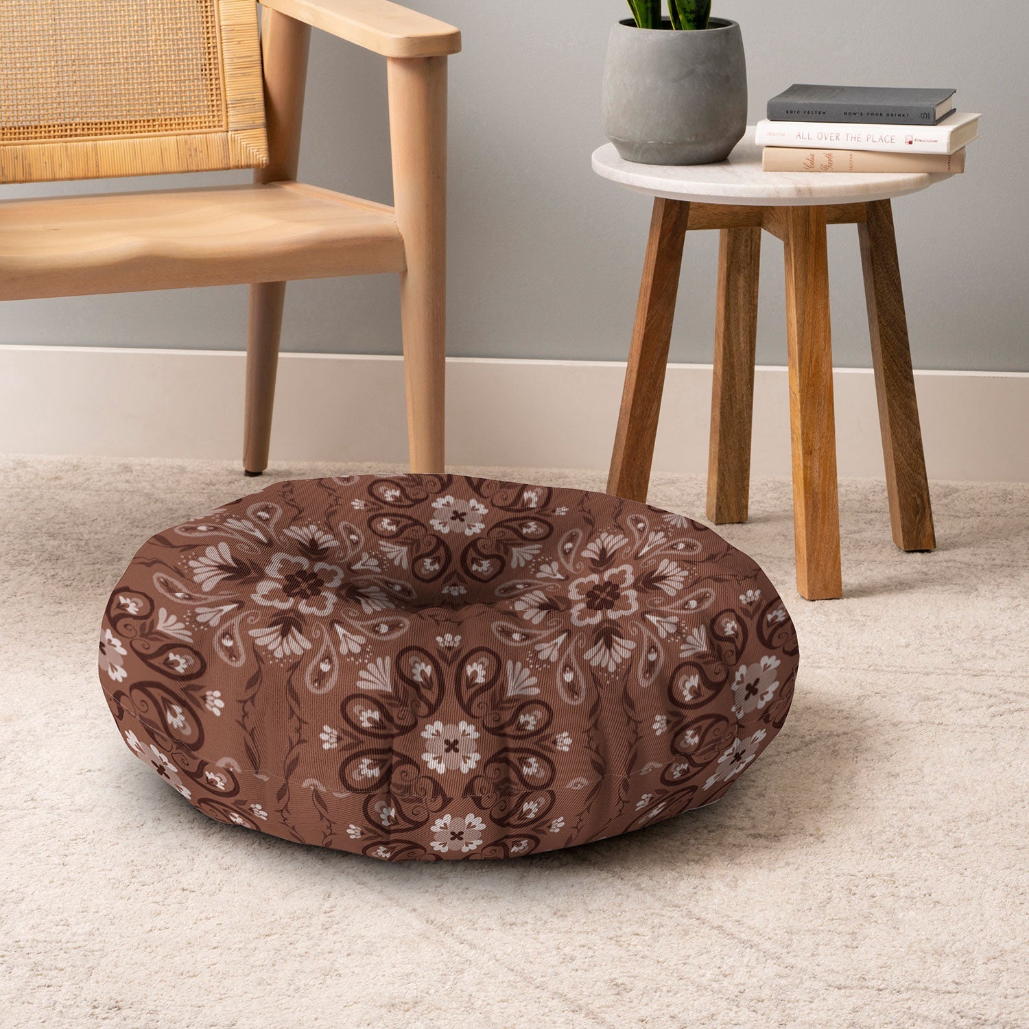 Pimlada Phuapradit Paisley Floral Tiles Brown Floor Pillow Round