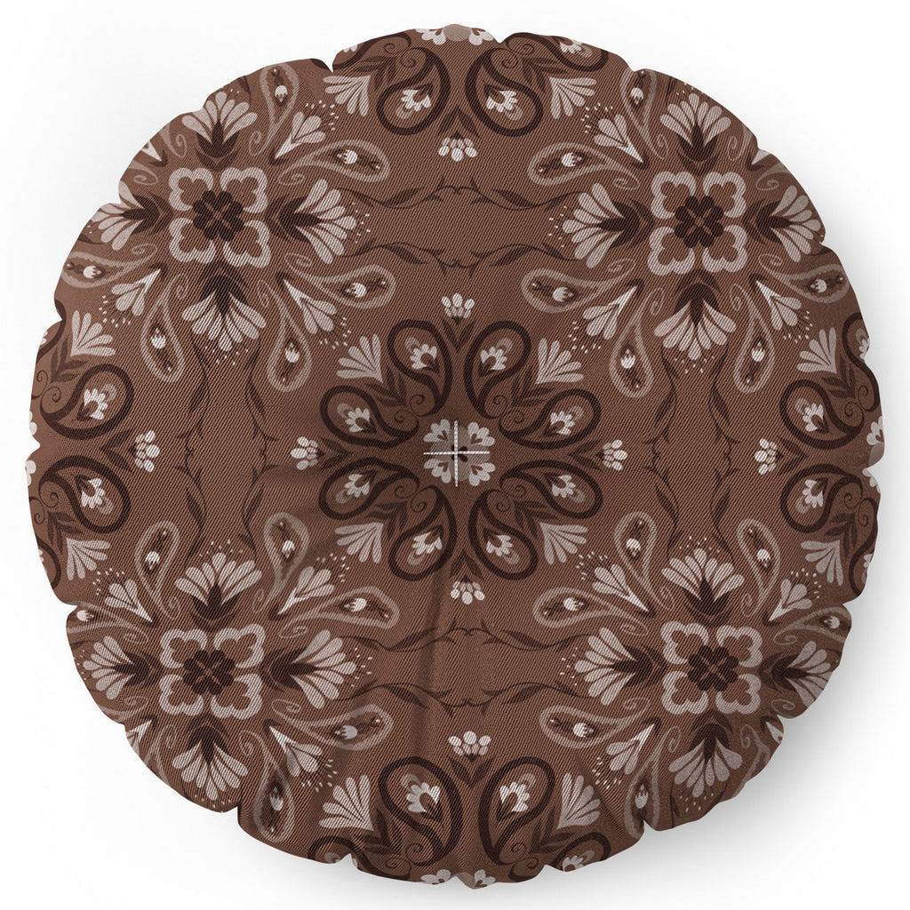 Pimlada Phuapradit Paisley Floral Tiles Brown Floor Pillow Round